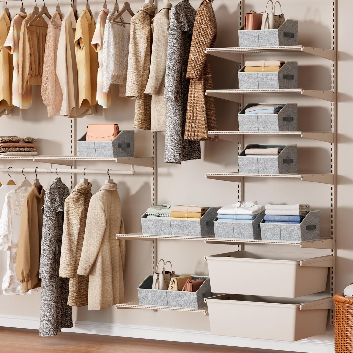 Homsorout Closet Organizers Bins 6 Packs - Large Closet Shelf Organizer with Handles, Fabric Trapezoid Storage Bins, Collapsible Storage Cubes for Clothes, Towels, Light Gray