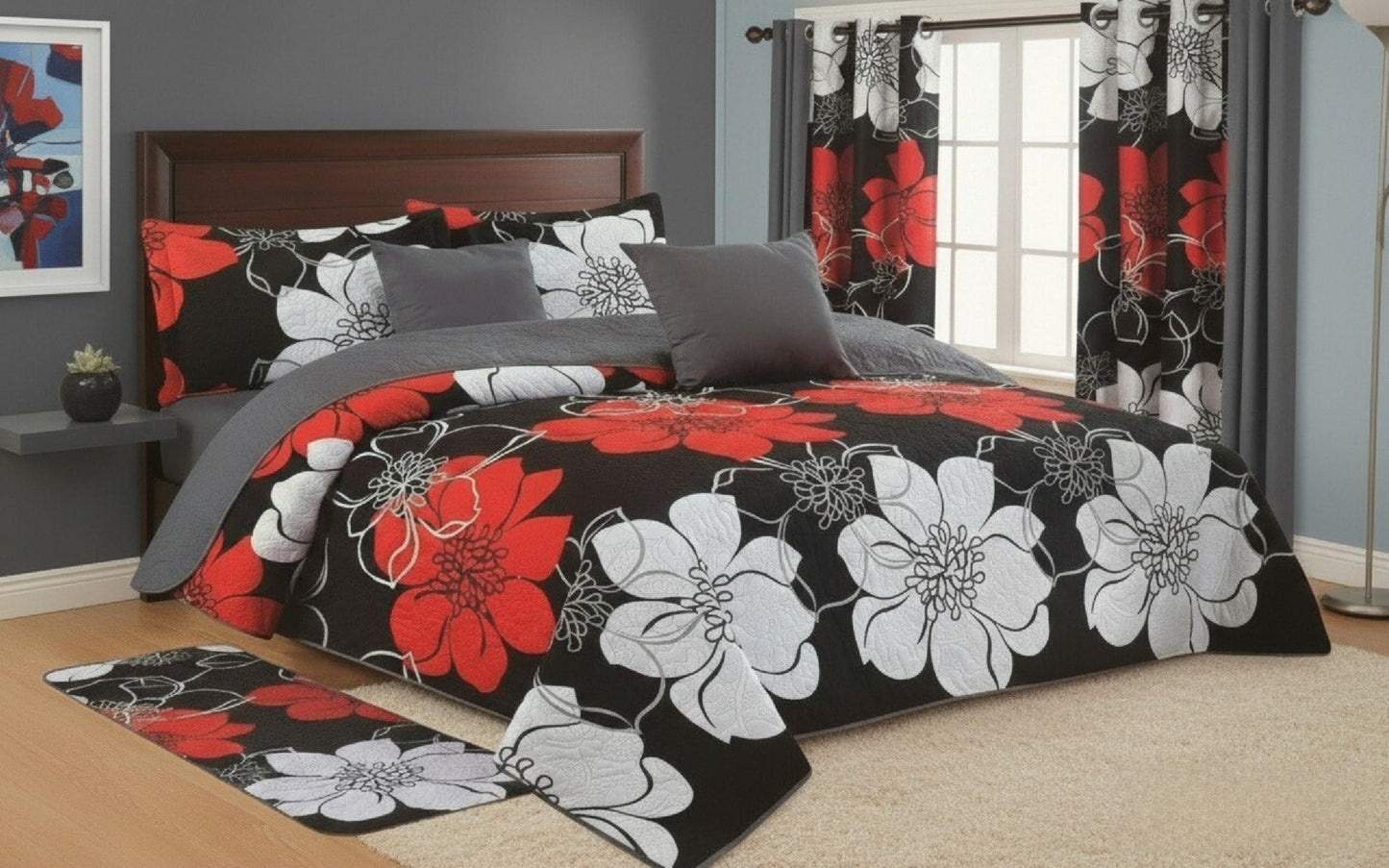 JKCCZLL Queen Size Quilt 12 Piece Set Floral Bedding with Matching Curtains Fitted Sheet Black Queen