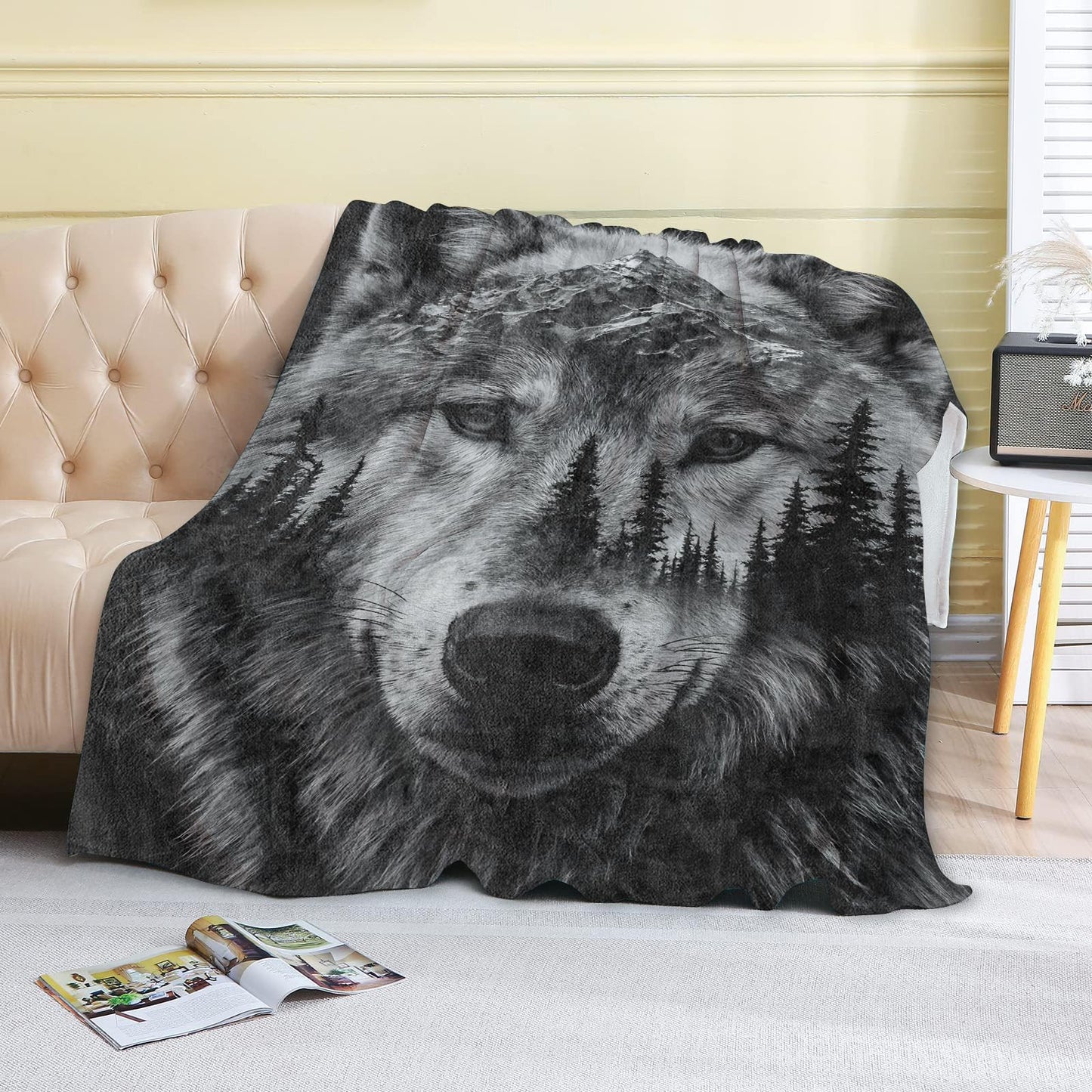 coedoaes Wolf Mountain Forest Fleece Blanket,50x60in,Black White Art Wild Animal Nature Landscape Throw Blankets,Soft Cozy Lightweight, Ideal for Bed Living Room Home Decor,Men Gifts