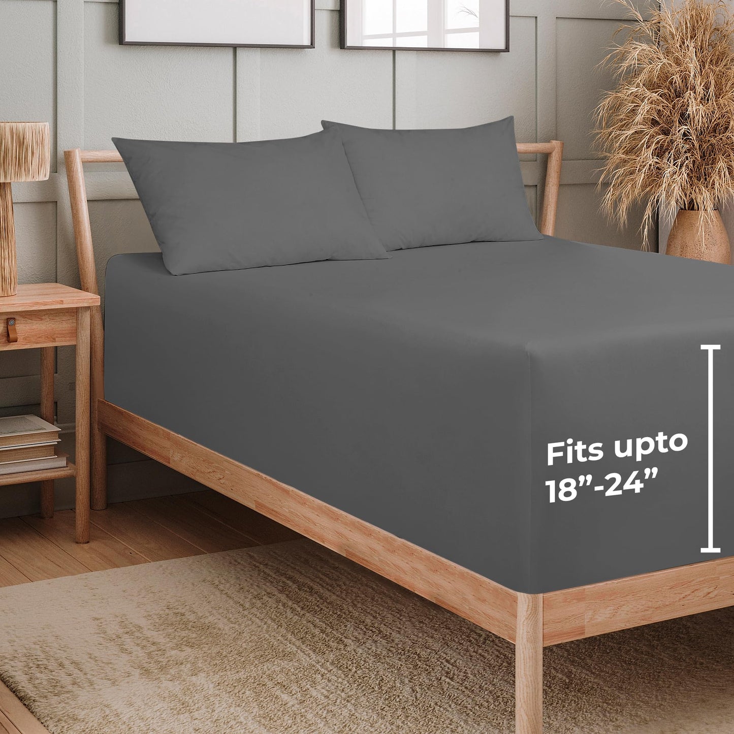 Royale Linens Extra Deep Pocket Full Fitted Sheet Only - Full Size Deep Pocket Grey Fitted Sheet - Fits 18 inch to 24 inch Thick Mattress - Soft & Breathable Elastic Sheets (54x75 Inches, Grey)