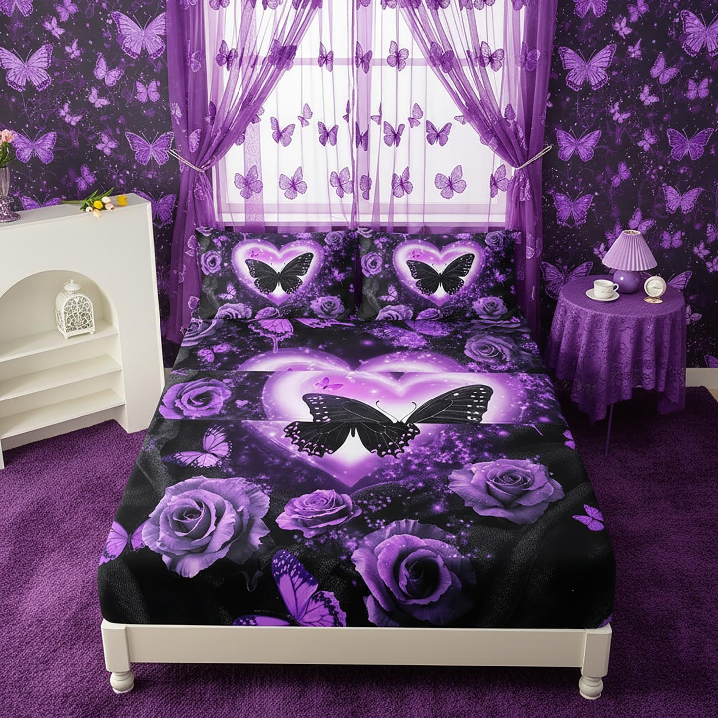 QOOMO Purple Butterfly Kids Sheets Full Size,Rose 16" Deep Pocket Bed Sheet Set,Rose Printed Bedroom Decor Bedding Set Soft and Breathable for Boys/Girls/Kids/Teens