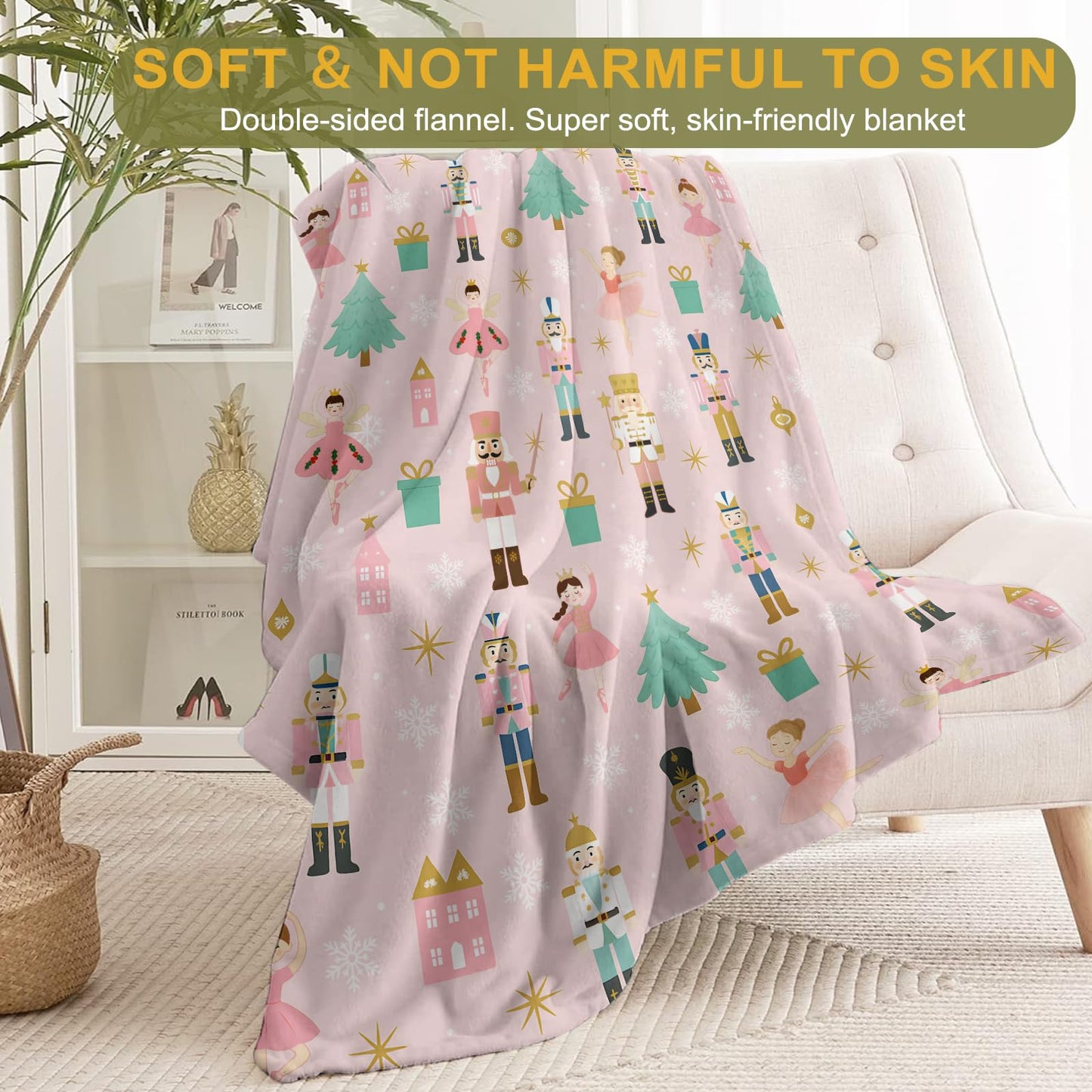 ainori Christmas Decorative Blanket, Nutcracker Fairy and Tree Print Throw Decoration, Soft Flannel Winter Blankets for Couch Bed Sofa, Holiday Home Decor, Xmas Festival Gifts Pink 50x60 Inch