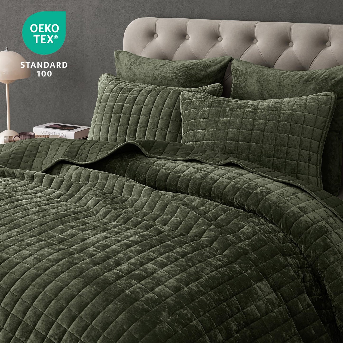 PHF Luxurious Velvet Quilt Set Queen Size – 3PCS Super Soft Quilted Comforter Alternative with Square-Box Quilt Pattern, Warm Quilted Bedspread Coverlet, 90" x 92", Smokey Olive