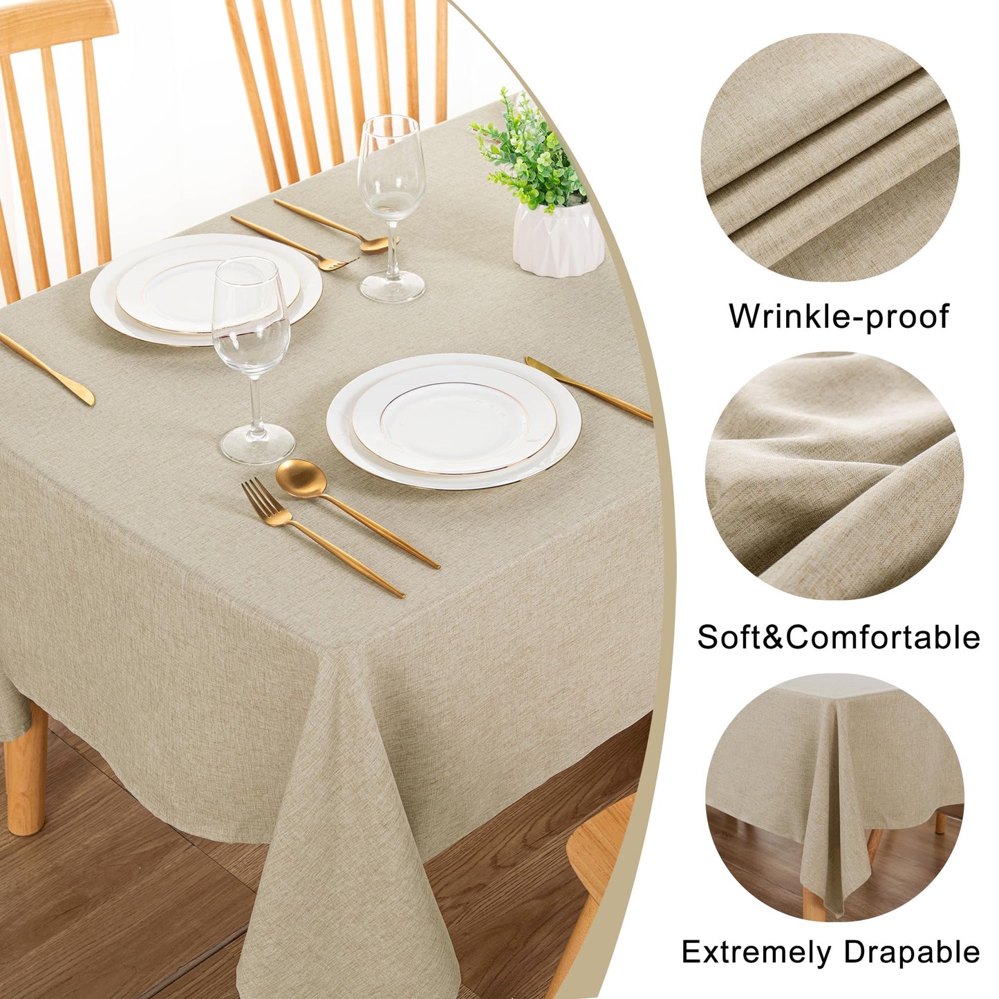 DWCN Faux Linen Tablecloth Rectangle - Beige Tablecloths Fabric Waterproof Spill-Proof Wrinkle and Stain Resistant Decorative Farmhouse Table Cover for Kitchen Dining Party, 60 x 120 Inch