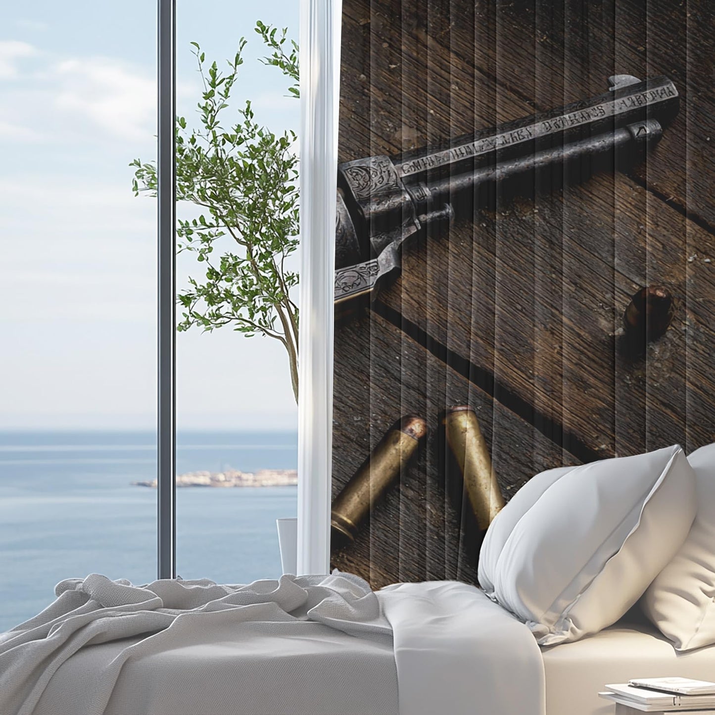 Retro Western Revolver Curtains for Bedroom Decor, Cowboy Pistol Bullet Blackout Curtains 63 Inch Long Grommet Curtains, Rustic Old Wooden Planks Drapes Thermal Insulated for Living Room 2 Panels Set