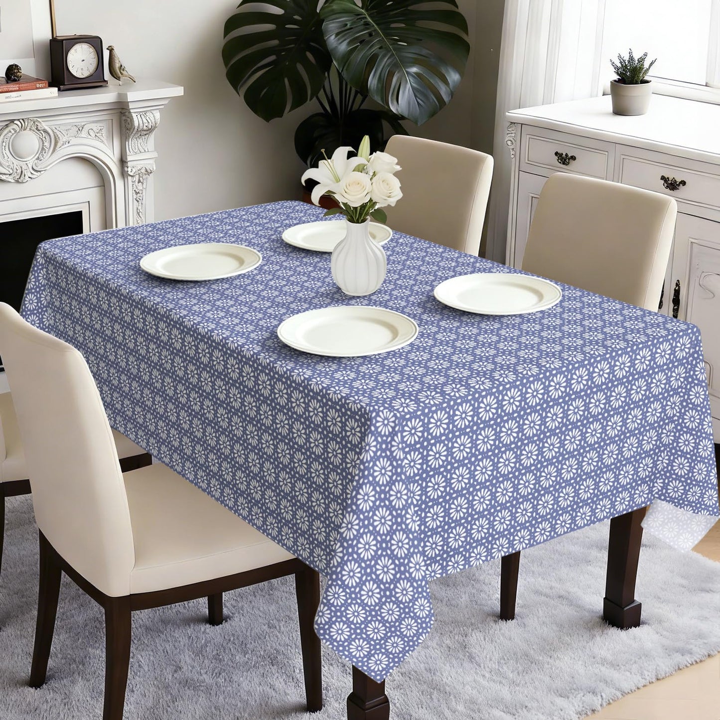 hometrixx Modern Minimalist Rectangle Table Cloth Geometric Floral Washable Wipeable Polyester Tablecloth Stain Wrinkle Resistant Oil Proof Kitchen Decor Table Cover for Dinner Picnic,60x84inch Blue