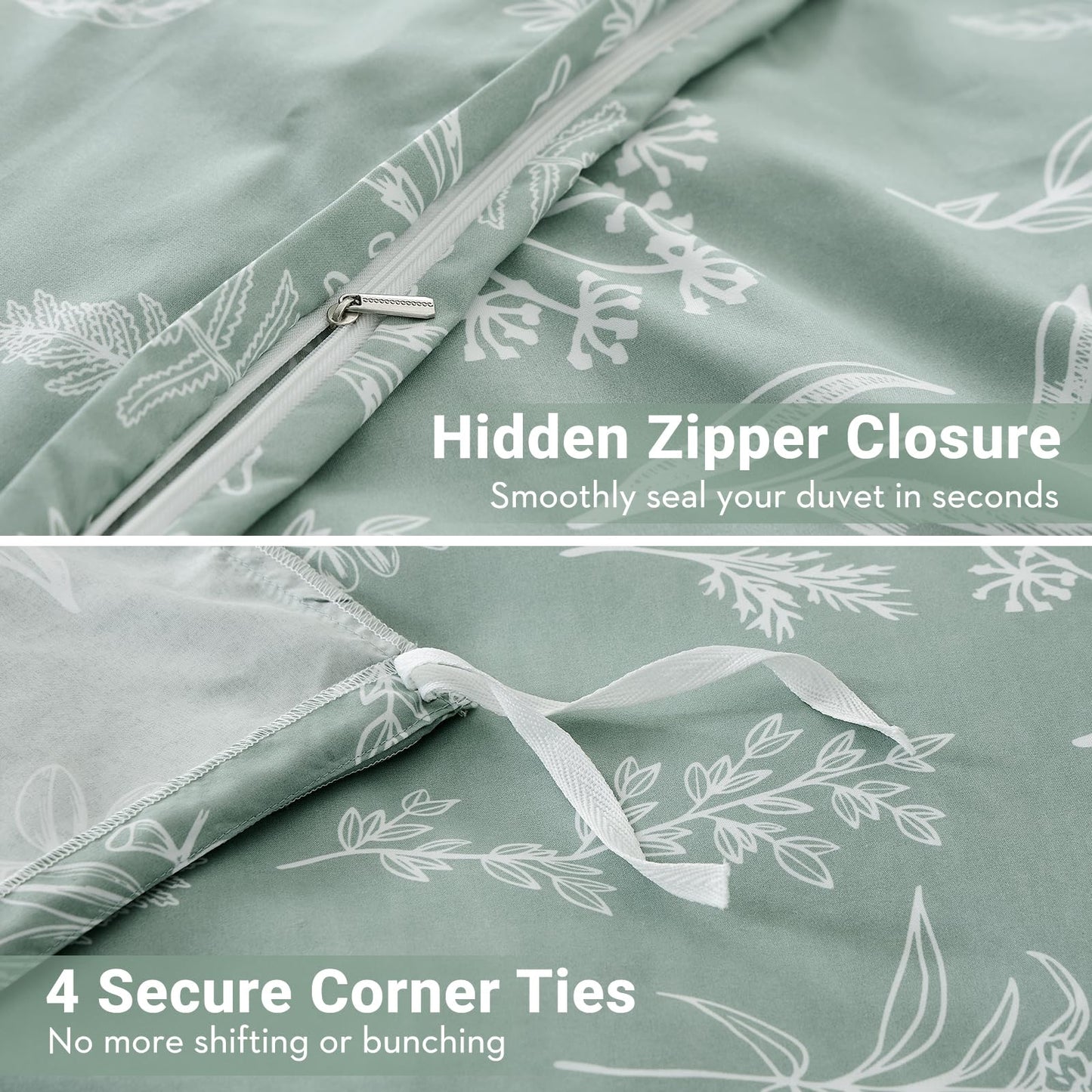 MUXHOMO Duvet Cover Queen Size, Reversible Floral Green Duvet Cover Set with Zipper Closure, 3 Pieces Botanical Patterns Soft Microfiber Bedding Set with 4 Ties (90"x90", 2 Pillow Cases)