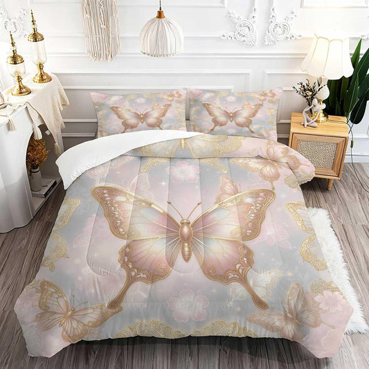 DJNEAR Pink Gold Butterfly Comforter Set, Elegant Shimmer Butterfly Bedding Set for Girls Teens Women, Soft Microfiber All Season with 1 Comforter 1 Pillowcase, Twin Size