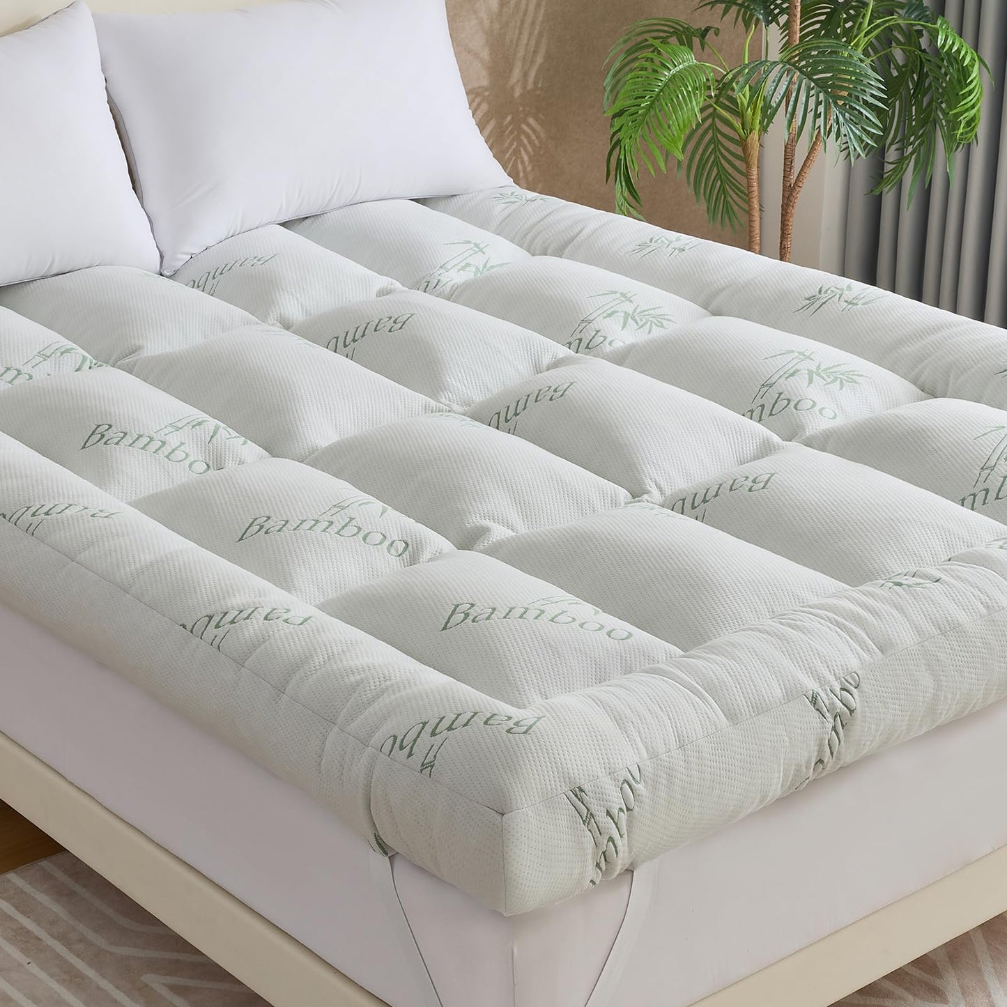 WhatsBedding 5 Inch Memory Foam Mattress Topper Queen Size for Back Pain, Cooling Breathable Bamboo Viscose Air Layer, Soft and Thick Supportive Mattress Topper, 4 Stable Anchor Elastic Straps