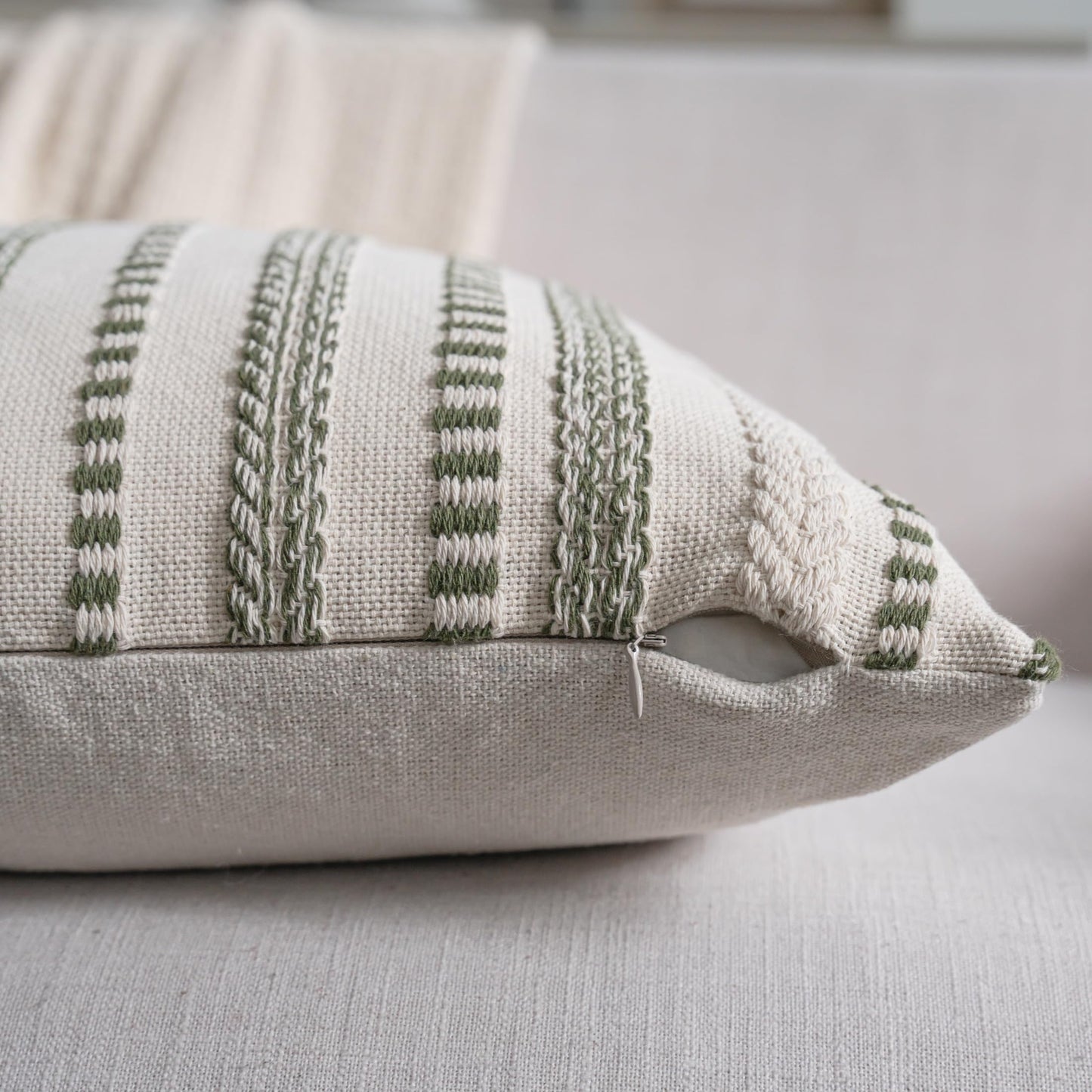 Cethom Green Boho Throw Pillow Covers 12x20 Inch Set of 2, Stripe Textured Decorative Couch Pillow Cases for Bed, Sofa, Living Room, Bedroom, Farmhouse Home Accent Cushion Covers
