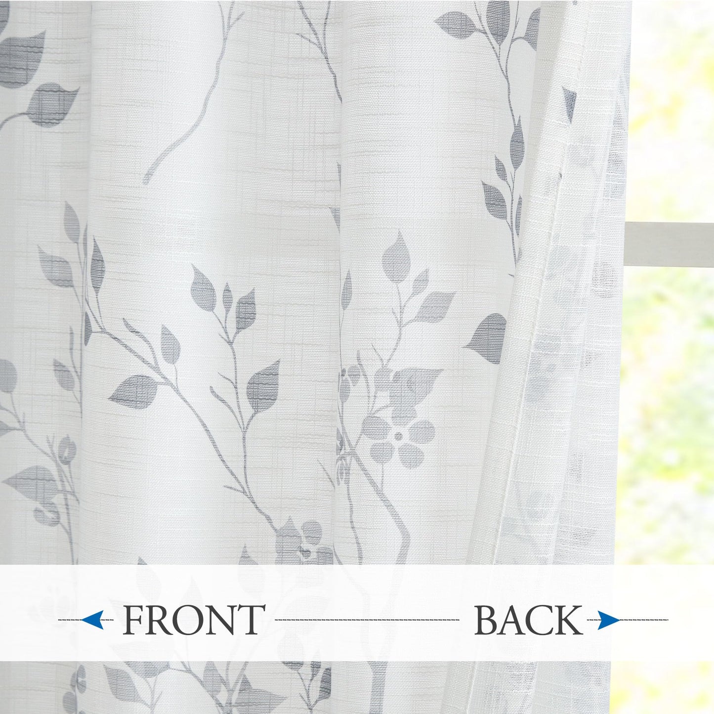 Beauoop Floral Linen Semi Sheer Curtains 54 Inches Long 2 Panels for Living Room Bedroom Grey Farmhouse Flower Patterned Light Filtering Textured Rod Pocket Window Treatments Drapes, 50x54 2 Set