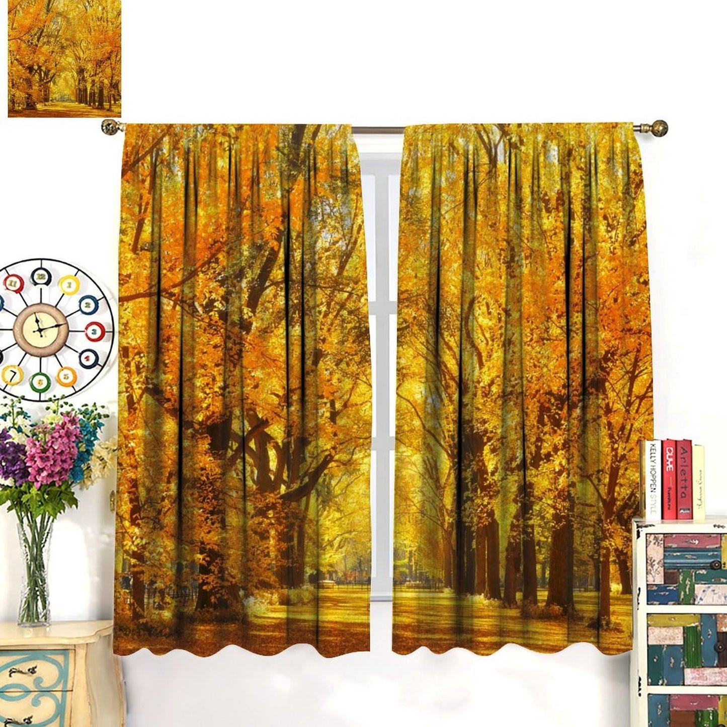 Nanacur Fall Forest Landscape Curtains, Fall Maple Leaves Tree Nature Autumn Season Rod Pocket Window Treatment for Living Bedroom Office Cafe Kitchen Drapes 41" W X 45" L (No Blackout)