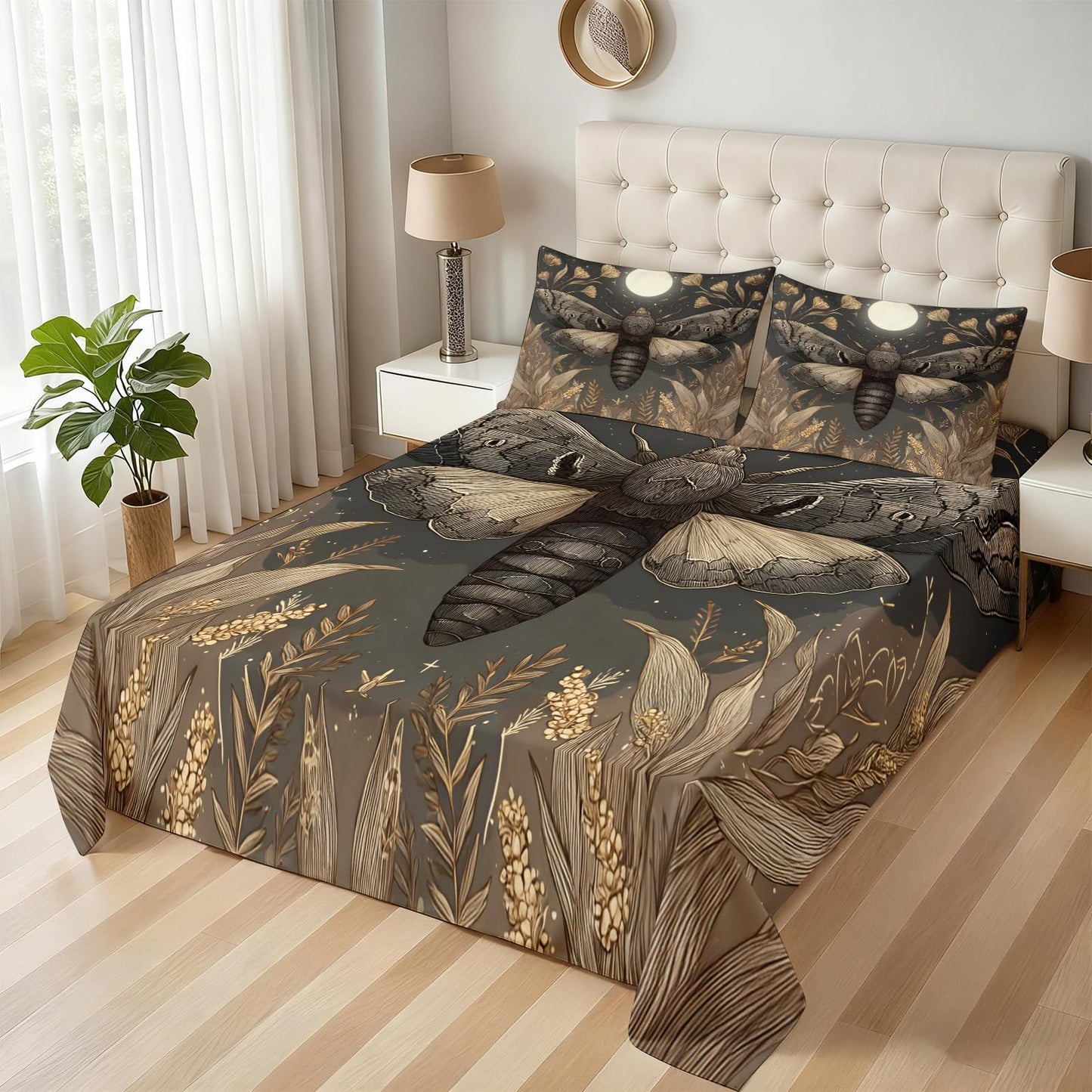 ZAOMIR Vintage Dark Night Moth Sheets King for Men Unisex, Retro Gothic Fantasy Moon Bedding Sheets Set 4 Pcs(Fitted Sheet+Flat Sheet+2 Pillowcases) Starry Sky Plants Botanical Bed Cover Set