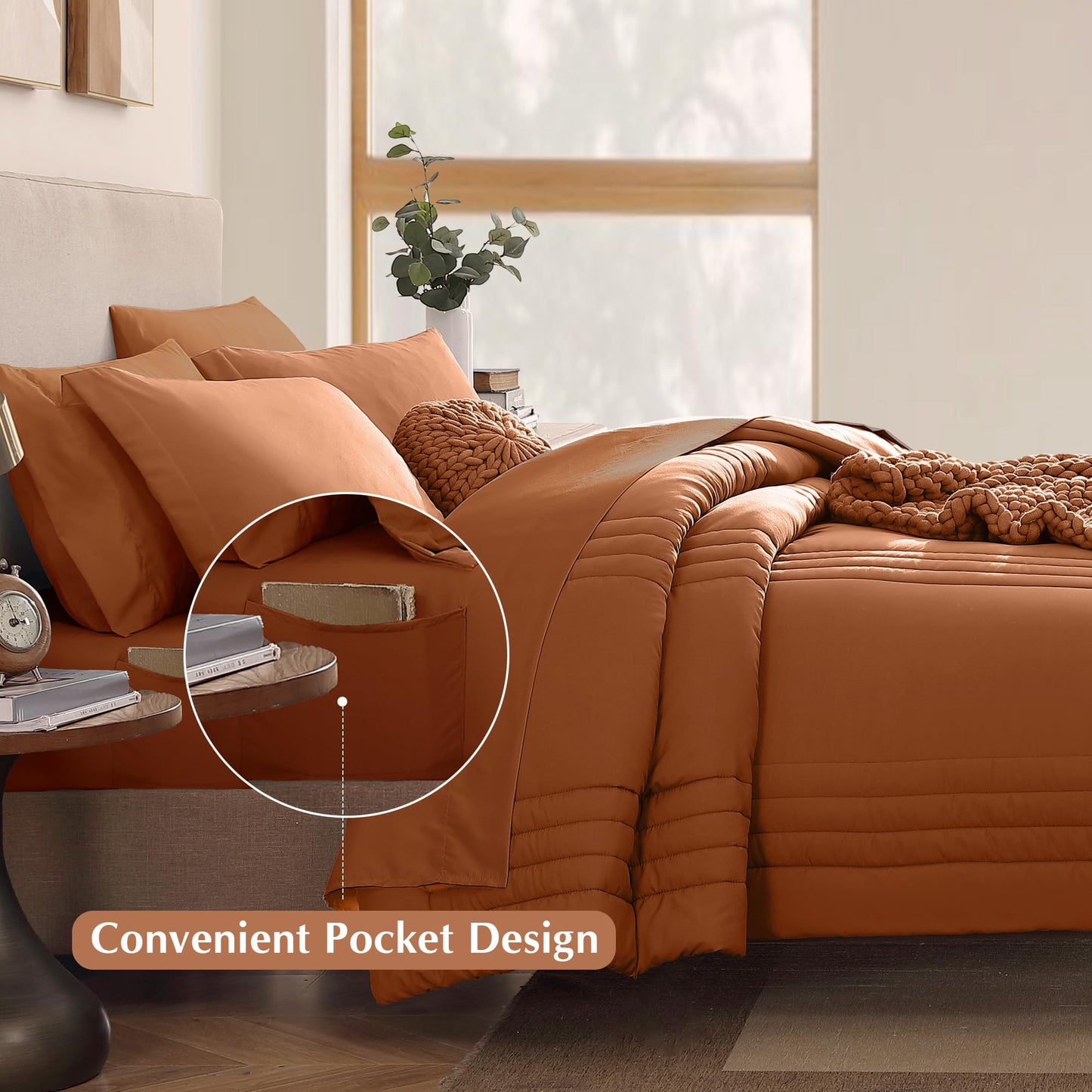 Monbix Queen Comforter Set - 7 Pieces Burnt Orange Bed in a Bag Queen Bedding Sets with Comforters, All Seasons Comforter Bed Set with Sheets, Pillowcases & Shams