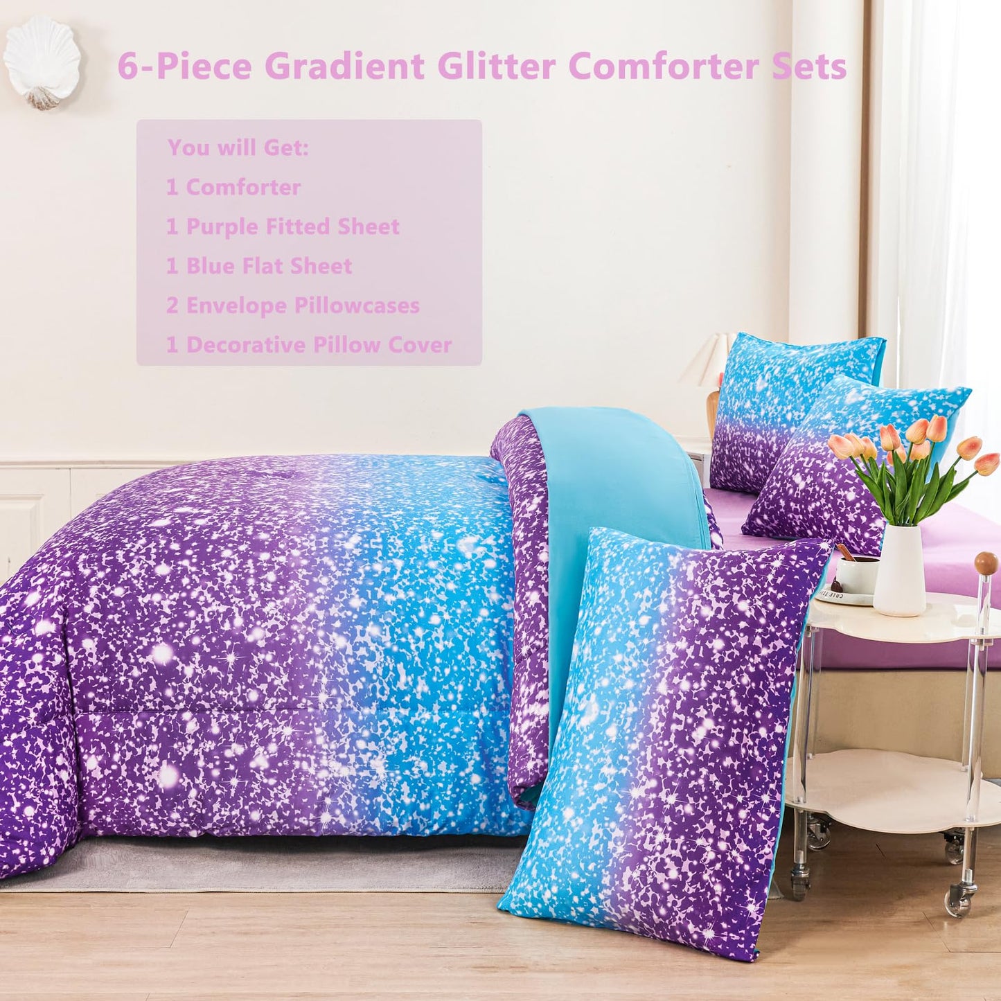 RYNGHIPY Blue Purple Girls Bedding Set 3D Colorful Galaxy Starry Comforter Sets for Girls Kids Twin Lightweight Soft Rainbow Bed in A Bag