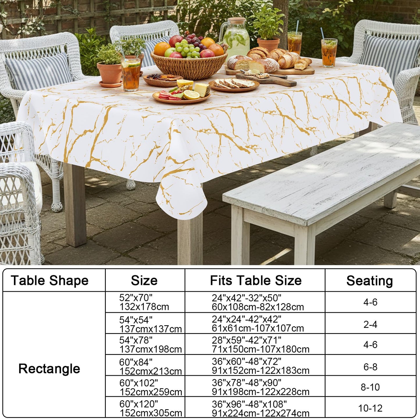 Smiry Rectangle Table Cloth, Waterproof Vinyl Tablecloths with Flannel Backing, Wipeable Spillproof Plastic Table Cover for Dinner and Outdoor (White & Gold, 60 "x 84")