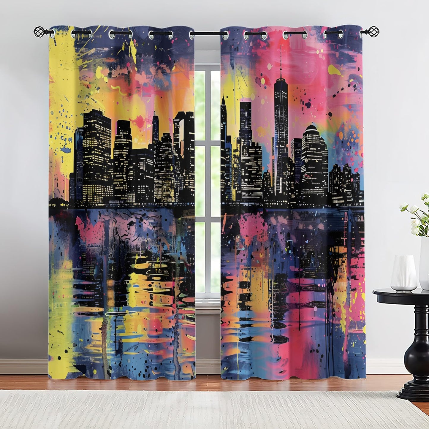 XAFIAUR Urban Architecture Blackout Curtains, Skyline Landscape Printed Drapes, Color Splatter Thermal Insulated Drapes 2 Panels Darkening Window Curtain for Bedroom Living Room 21" W x 63" L x2