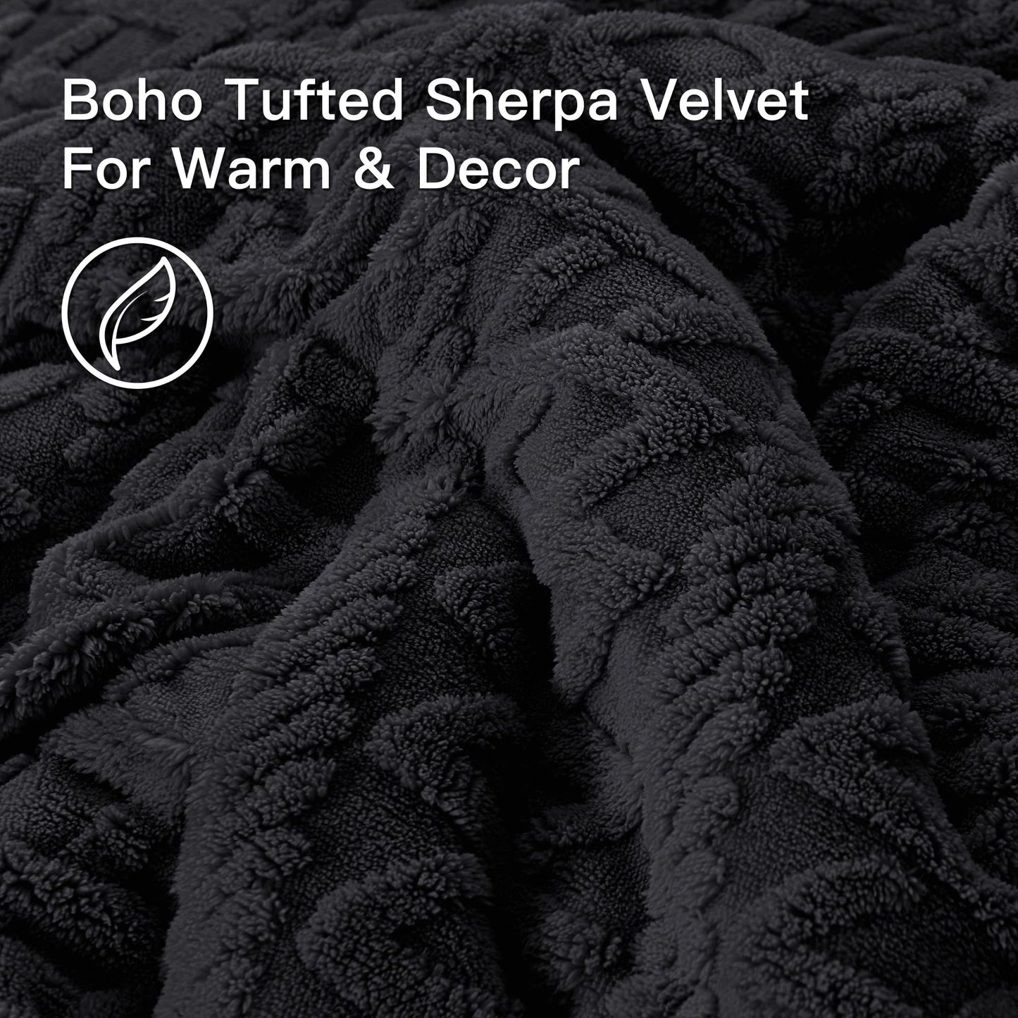 Andency Fluffy Comforter Set Queen Size, Black Sherpa Fleece Super Soft Warm Bedding for Winter, Luxury Boho Jacquard Thick Fuzzy Plush Bed Set 3 Pieces(1 Shaggy Comforter, 2 Pillowcases)