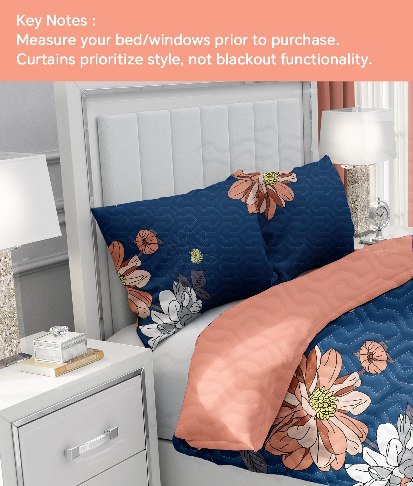 Reylox 9 Pcs King Bed in A Bag with Curtains | Navy/Orange Floral Bedspread, 2 Pillowcases, 2 Print & 4 Solid Curtains | Microfiber, Moisture-Wicking | Bedroom | King Size Comforter Set with Curtains