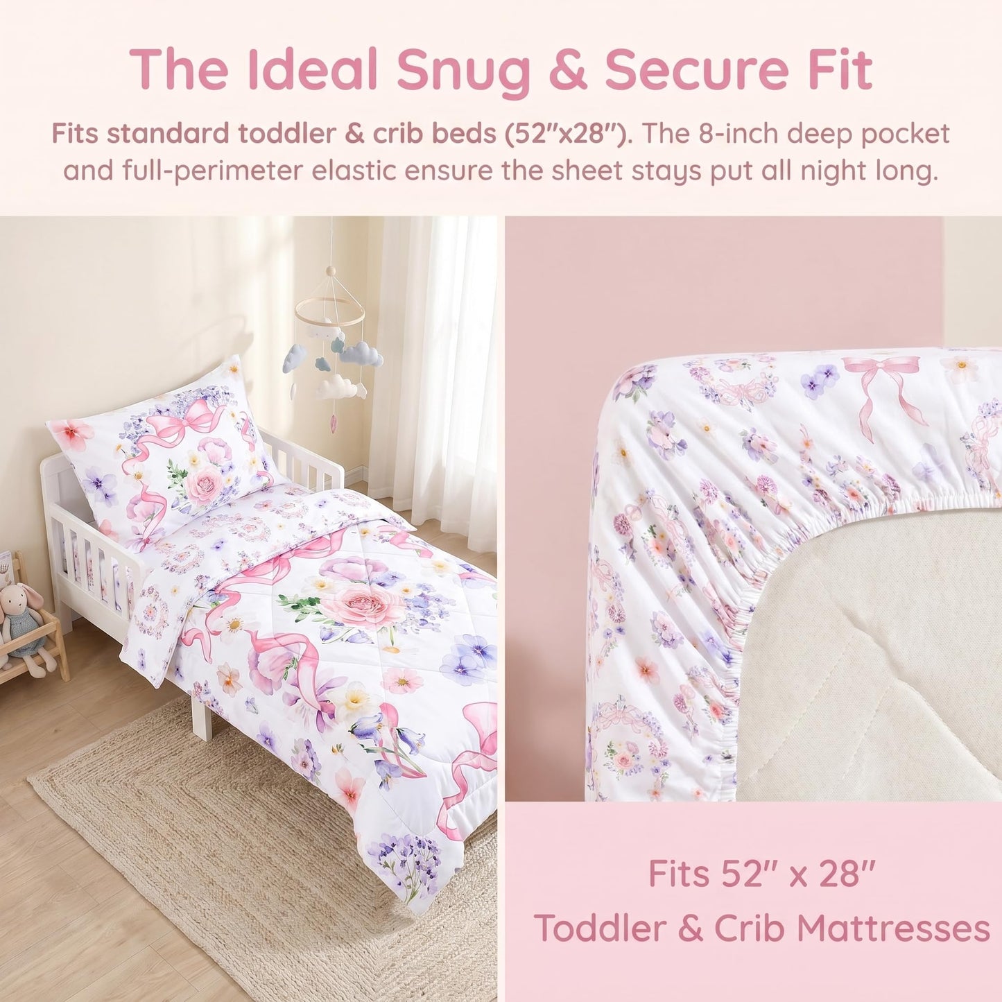 Pea Pod Floral Toddler Bedding Set for Girls, 4 Piece Bed-in-a-Bag Toddler Comforter Sets Cute Bowknot Princess Crib Bed Set | Include Quilt Comforter, Flat Sheet, Fitted Sheet, Pillowcase, Super Soft