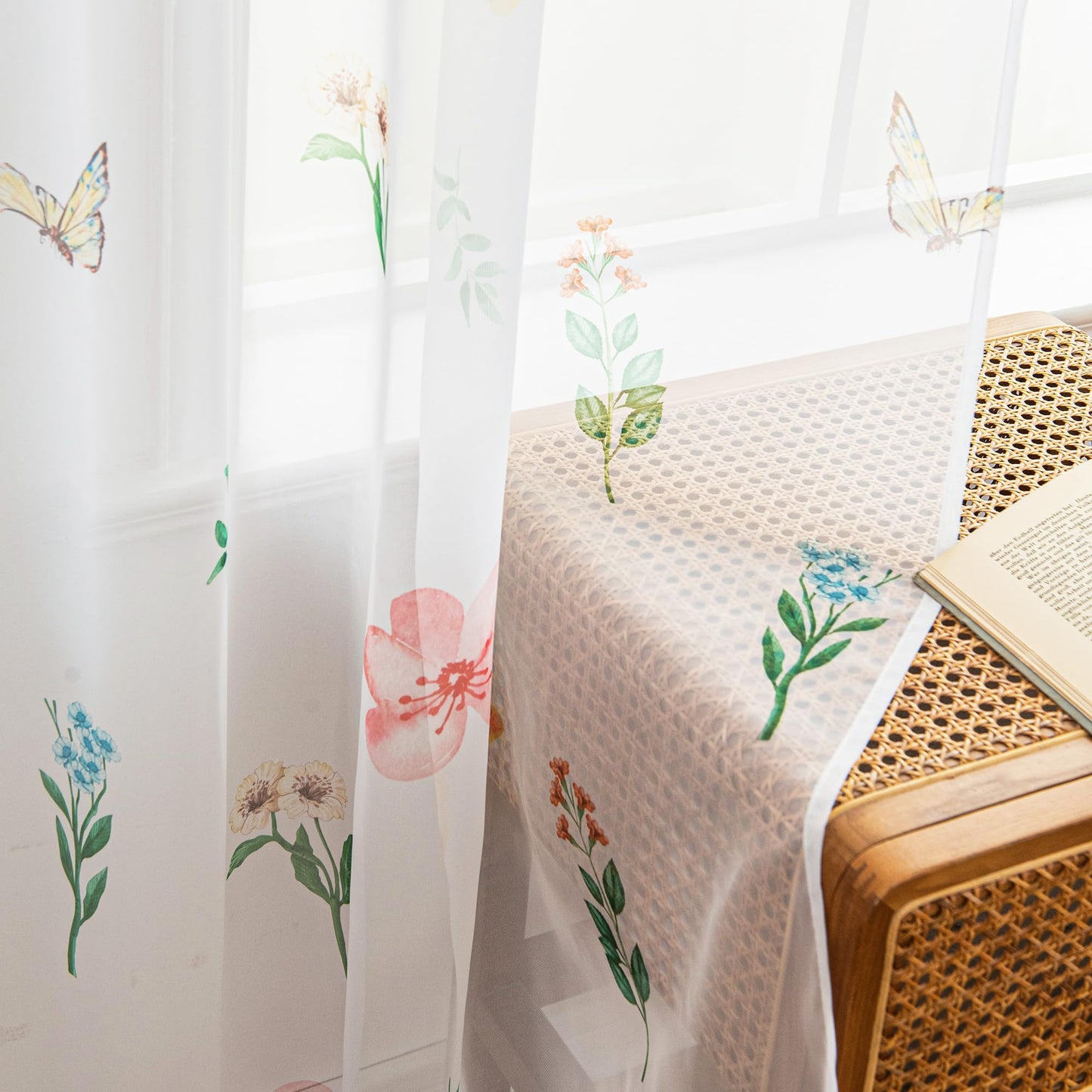 youleyar Floral Sheer Curtains for Living Room 84 Inches Long 2 Panels White Semi-Sheer Curtain with Flower/Leaves Printed Pattern Summer/Spring Rod Pocket Voile Drapes for Bedroom, 52" W x 84" L