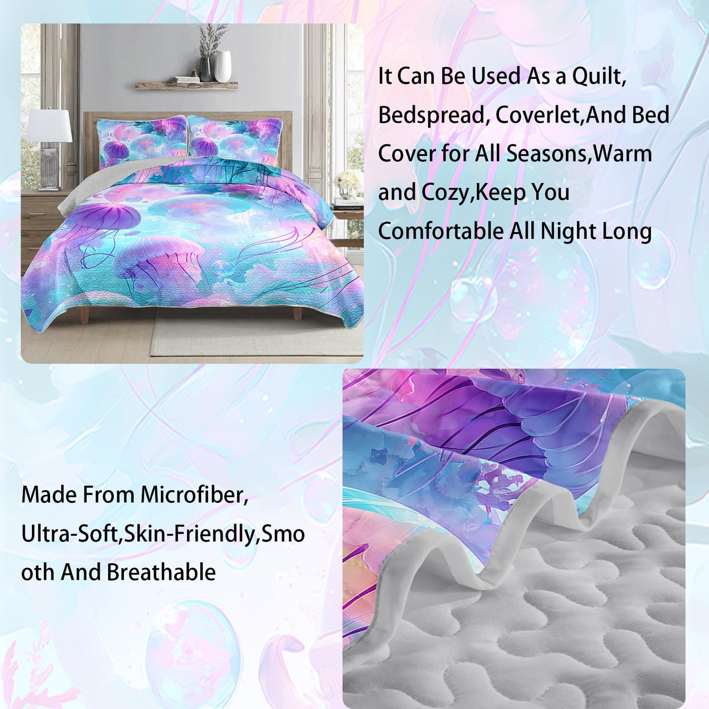 AILONEN Full Quilted Comforter 3-Piece Set Magenta Jellyfish Bedspread Coverlet 2 Pillowcases Soft Cyan Marine Bedding for Teens Guest Apartment Underwater Ethereal Aquatic Sea Glow