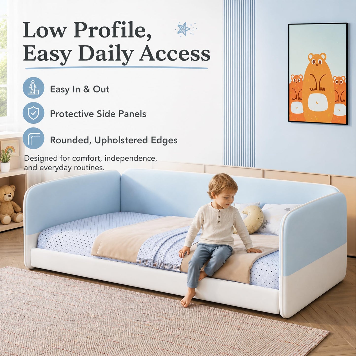 Twin Size Montessori Floor Bed with Upholstered Headboard and Armrests, Velvet Twin Floor Bed Frame with Protective Side Panels, Low Profile Platform Daybed for Kids, No Box Spring Needed, Blue