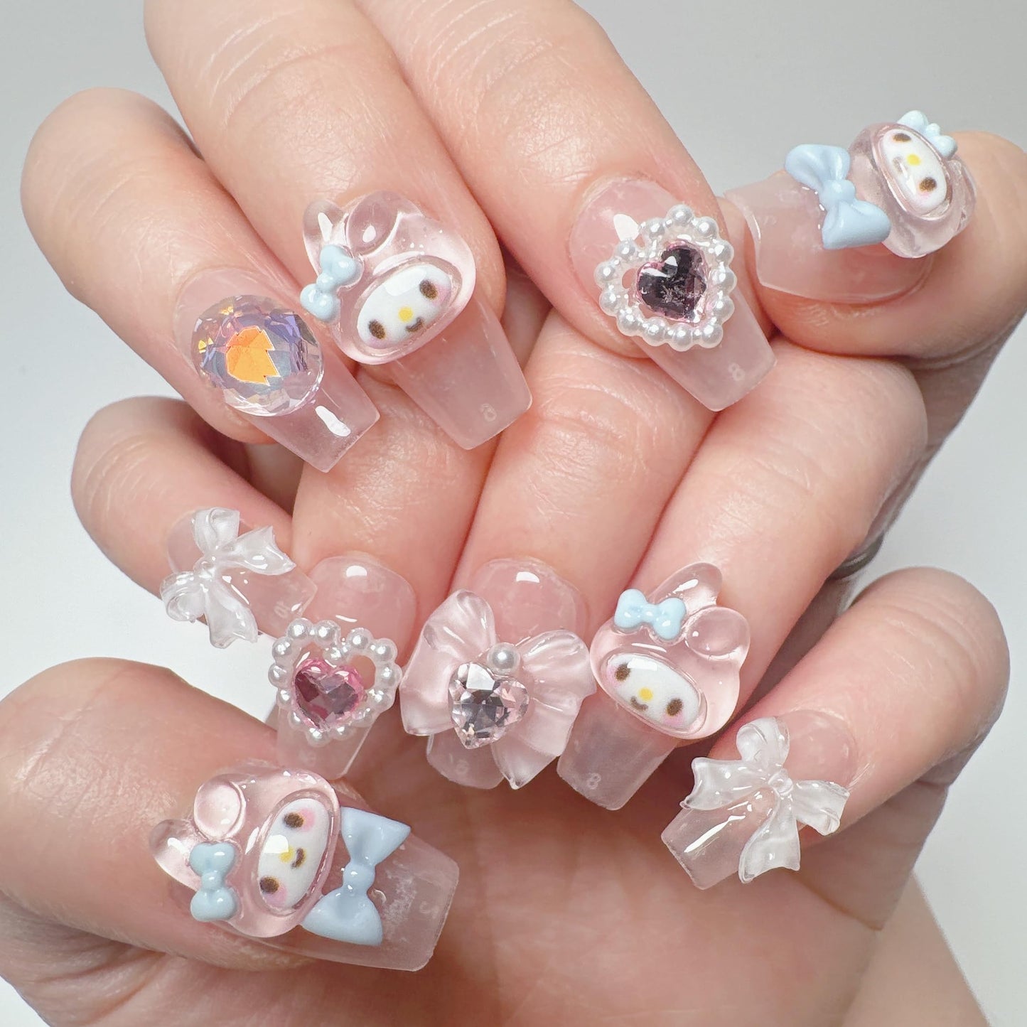 NLSJMP Thick Gel Press On Nails,Pink Acrylic Handmade Square Fake Nails, Reusable Cute Rabbit Kawaii Luxury Glue On Nails Set With Application Tools,10 pcs Size L,#949