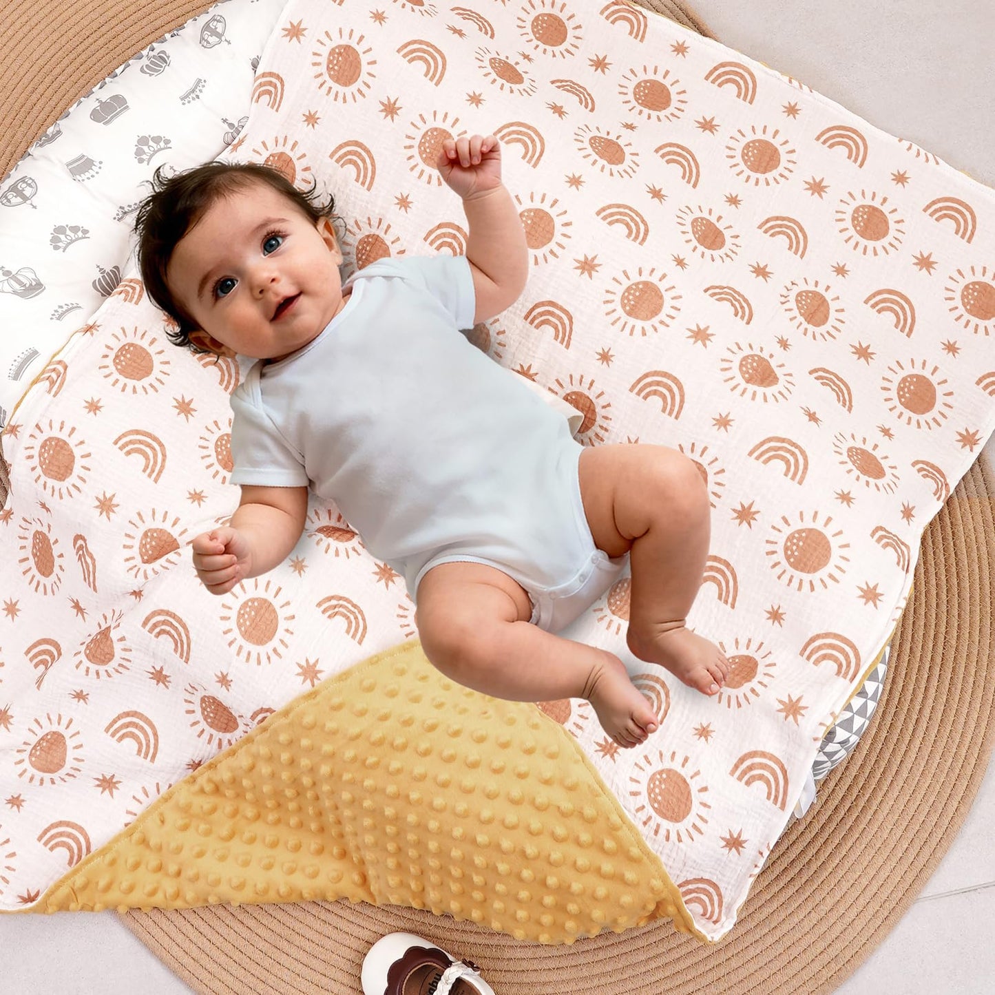 CoolaPeach 2 Pack Minky Baby Blankets,Super Soft Receiving Blankets with Muslin Cotton Front & Dotted Fleece Backing,39x29.5 Inches,Printed Bed Throws Newborn(Sun)
