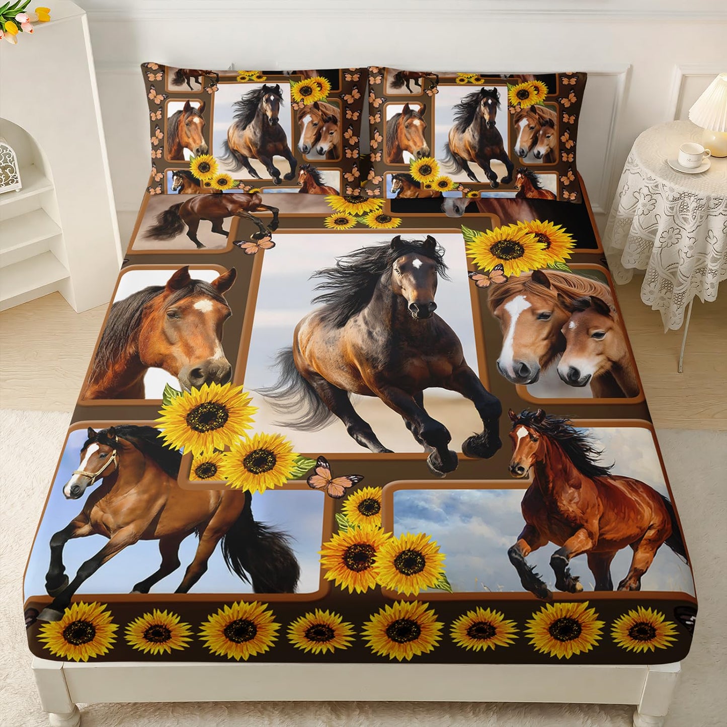 HOSIMA Horse Fitted Sheet&Pillowcases,Animal Themed Galloping Horse and Sunflower Floral Bedding,3D Printed Soft Decorative Fabric Bedding Deep Pocket,Teens Kids and Toddler Bedding Set,Twin Size.