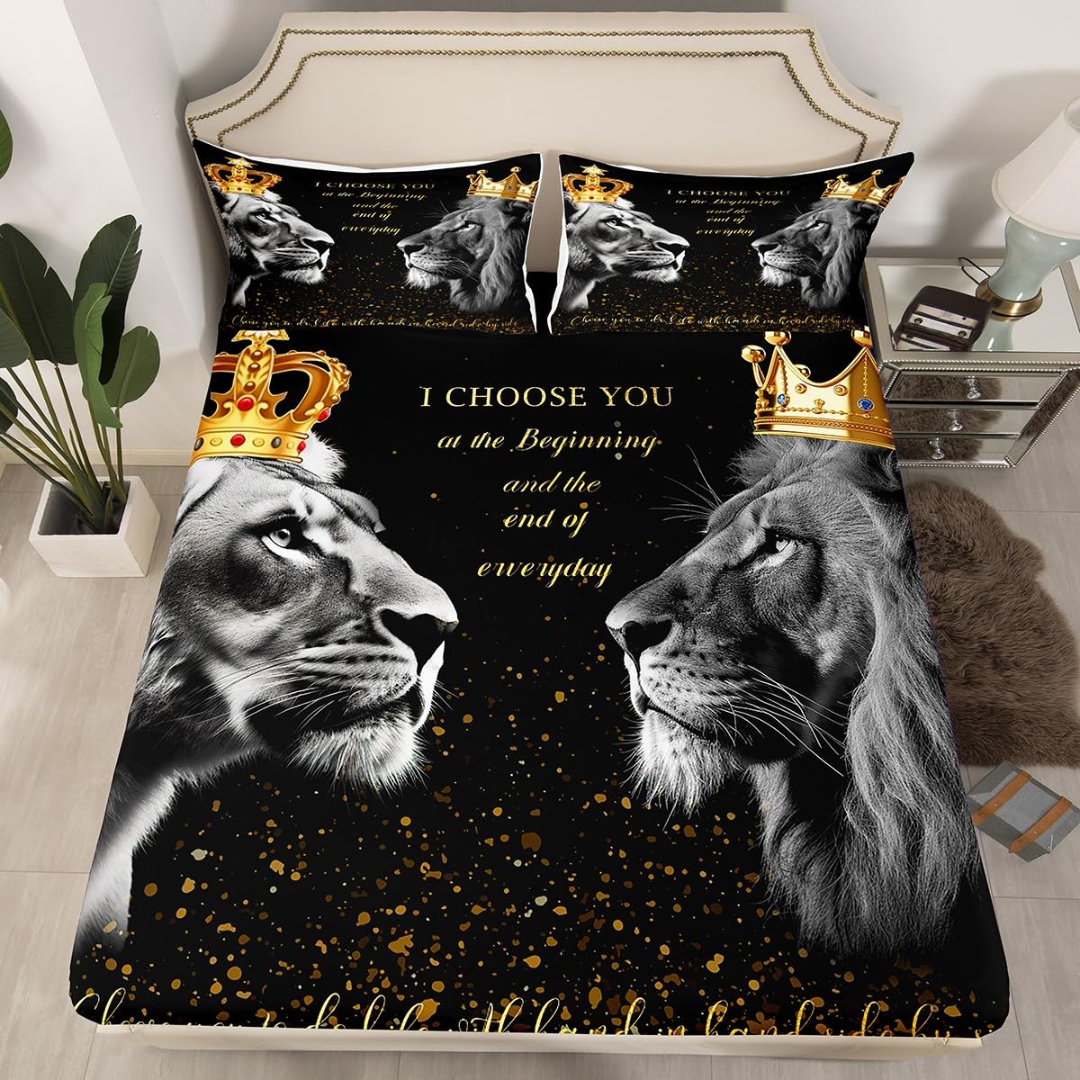 3D Lion Couple Fitted Sheet Queen Size,Golden Glitter King and Queen Crown Bedding Set for Kids Girls Women Men Room Decor,African Wild Animals Bed Sheet Valentine's Day Deep Pocket Sheet,Black