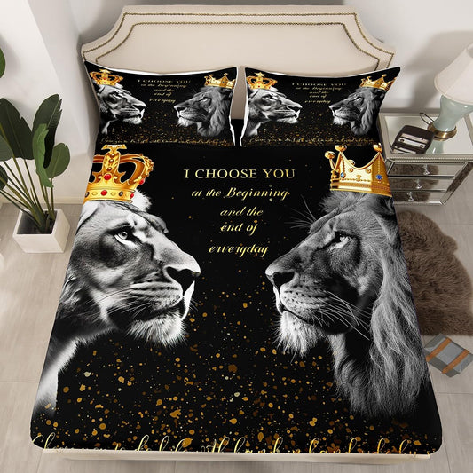 3D Lion Couple Fitted Sheet Queen Size,Golden Glitter King and Queen Crown Bedding Set for Kids Girls Women Men Room Decor,African Wild Animals Bed Sheet Valentine's Day Deep Pocket Sheet,Black