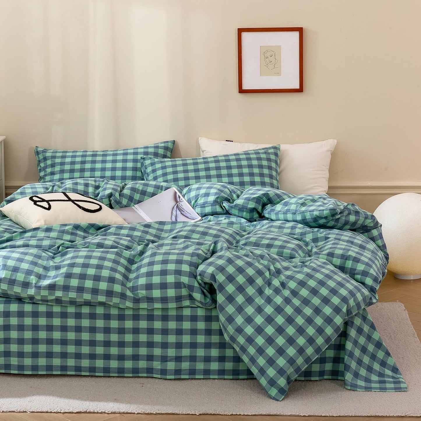 mixinni Green Gingham Grid Duvet Cover Queen, 100% Washed Cotton Modern Geometric Bedding Set with 2 Pillowcases, Farmhouse Style Blue Plaid Comforter Cover Set for Men & Women, Soft & Lightweight