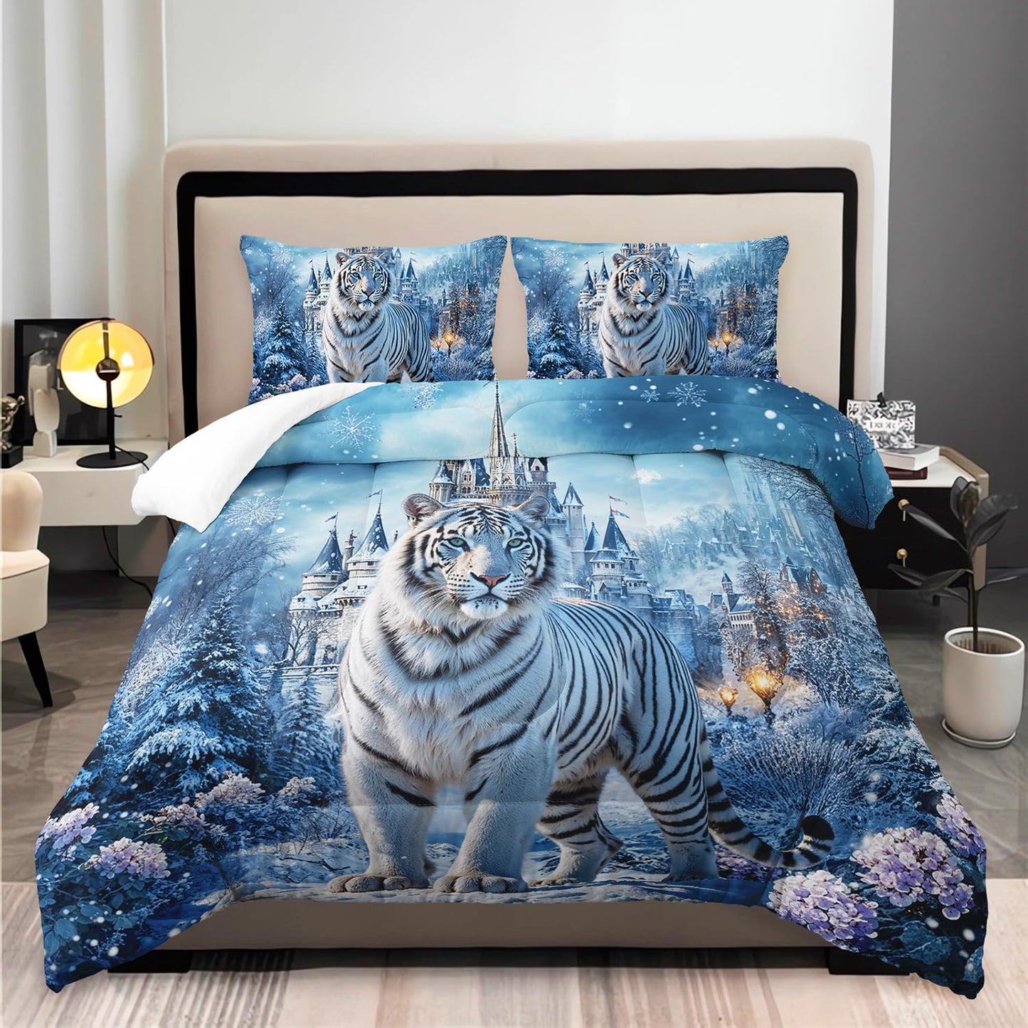 White Tiger Wild Animal Comforter 3Pcs Twin Safari Hunt Flower Bedding Set