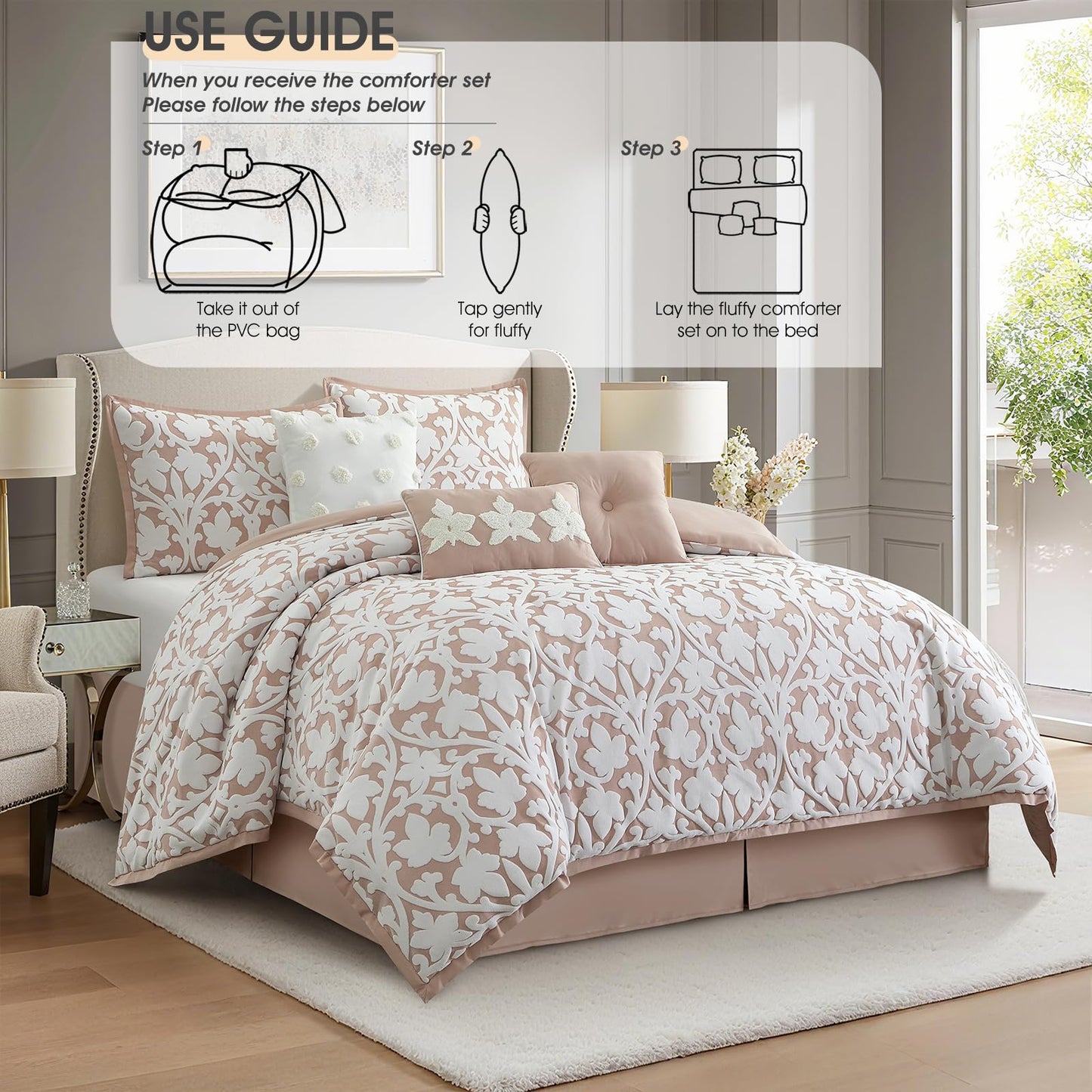 LANCO MODERN LIFESTYLE 7 Pieces Comforter Set, King, Blush, Jacquard Floral Pattern and Classy Damask Medallion Design, Ultra Soft, Includes Bed Skirt, Shams, and Decorative Pillows