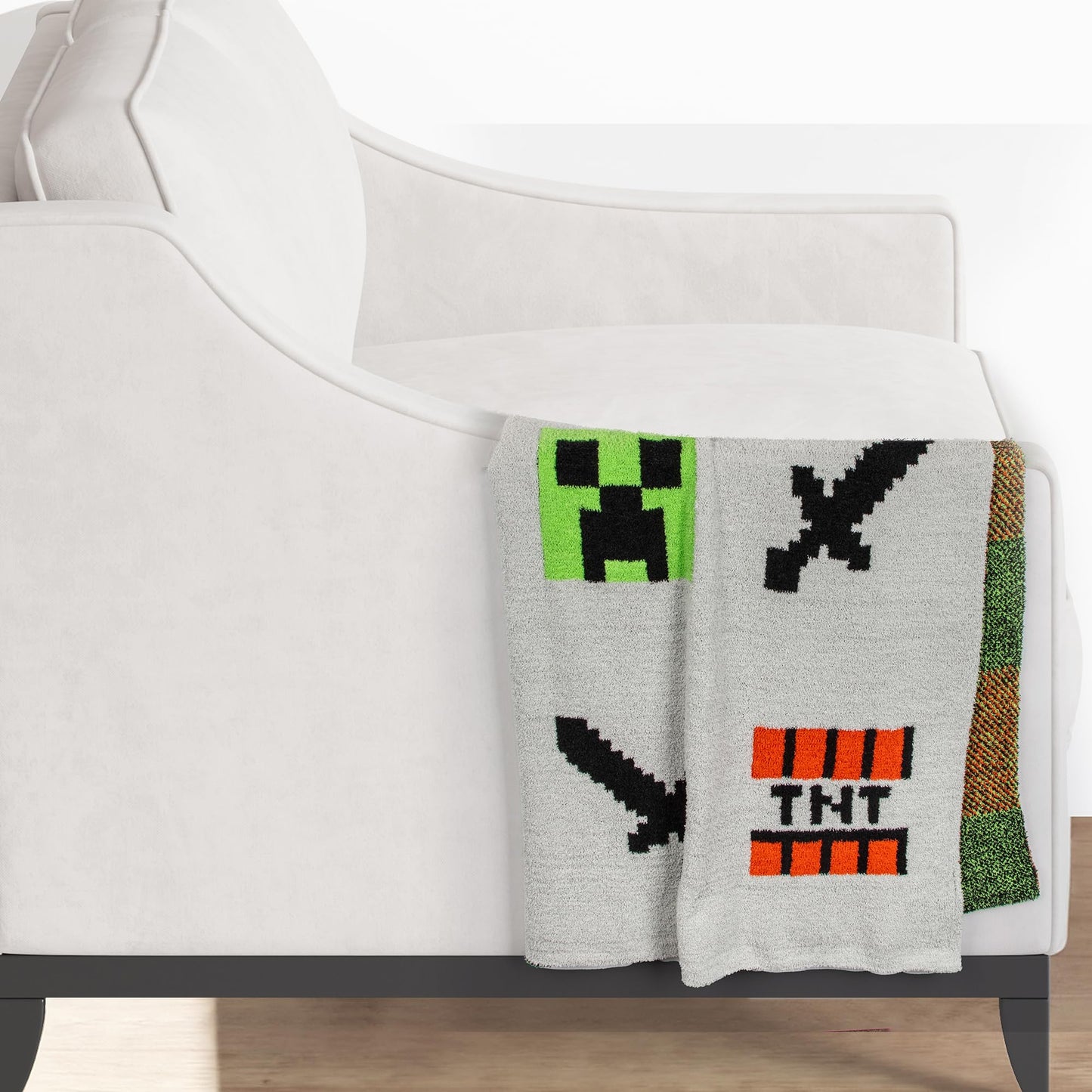 Minecraft Feather Knit Fluffy Throw Blanket - Creeper and Weapons Fuzzy Blanket Measures 50 x 60 Inch, Super Soft Lightweight Gamer Bedding