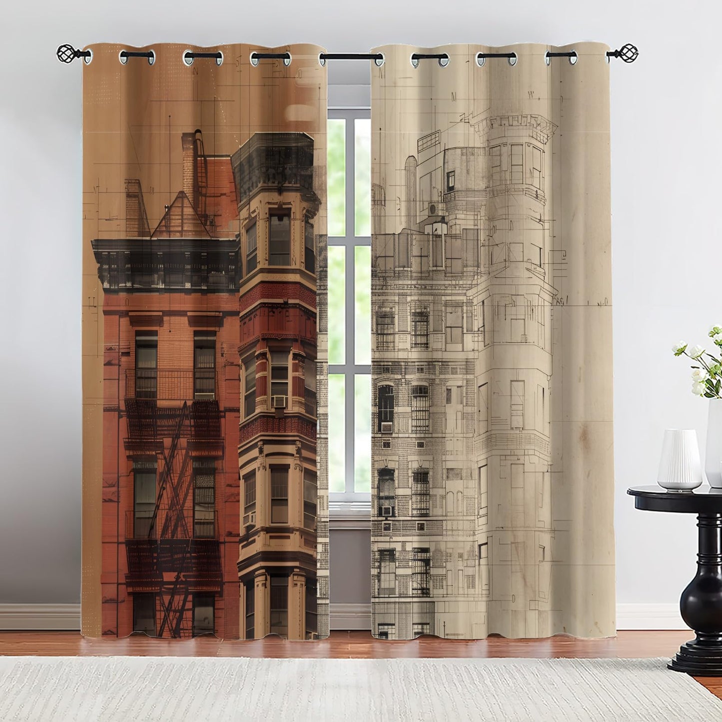 XAFIAUR Retro Architecture Curtains,City Blackout Curtains Artistic Illustration Grommet Drapes 2 Panels for Bedroom Living Room 31.5" W x 63" L x2