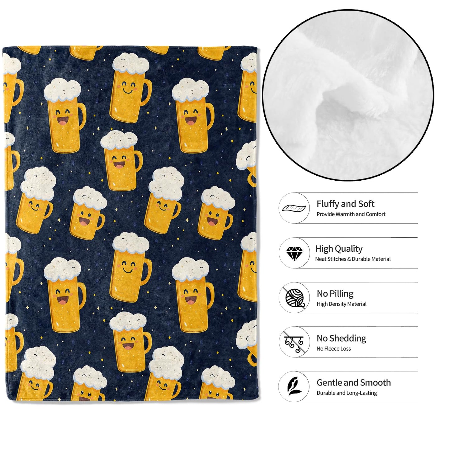 MIEPOS Cheerful Beer Mug Throw Blanket,50x60in,Soft,Lightweight Flannel,Cartoon Smiling Beers Blankets - Gifts for Women Men,for Couch Office Travel,Home Living Room Fun Decor