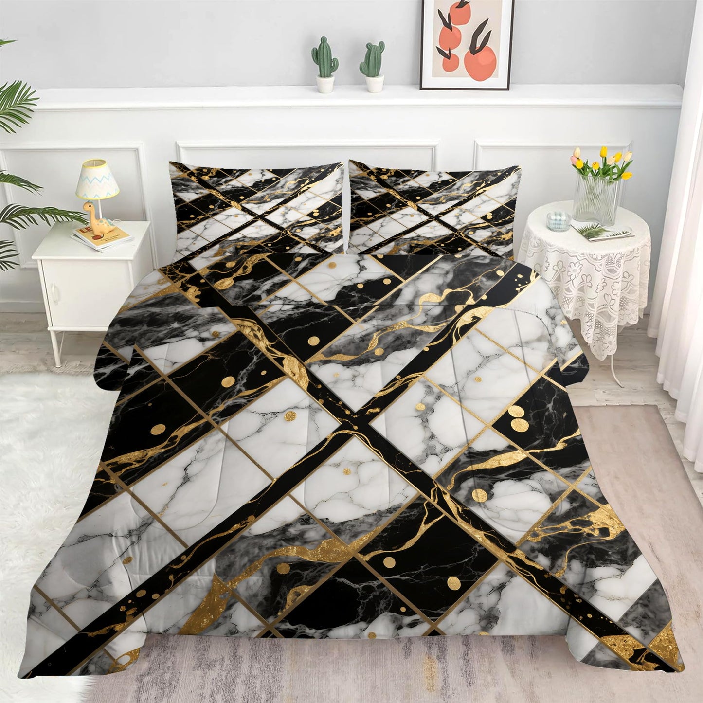 EDGZKO White Marble Comforter Set: Twin Size Geometric Black and Gold Bedding Sets Abstract Marbling Quilts for Teens Kids Modern Aesthetic Bed Set 1 Comforter & 1 Pillowcase