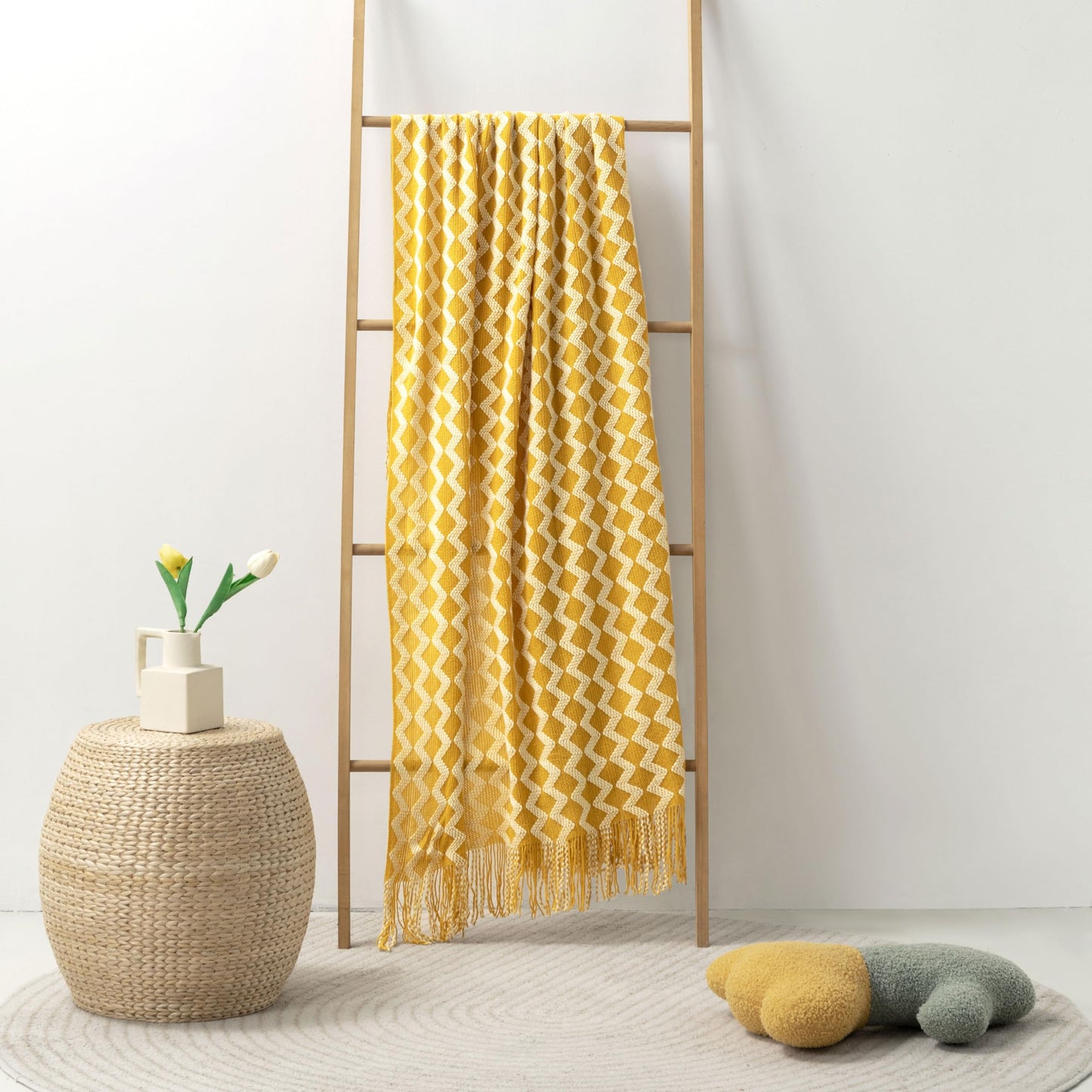 Counfeisly Double Diamond Acrylic Knitted Throw Blanket, Lightweight and Soft Cozy Decorative Woven Blanket with Tassels for Couch, Bed, Sofa, Travel, 50 x 60 Inches, Yellow
