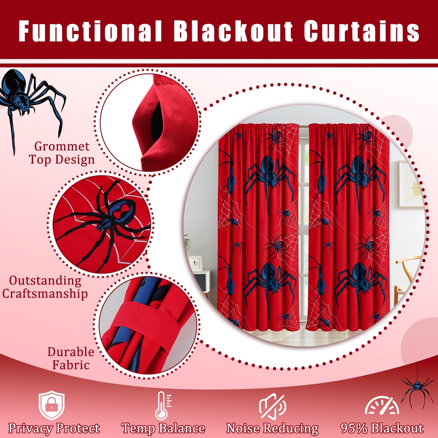 Peryiter Spider Curtain with 2 Tiebacks Bedroom Room Decor 42 x 84 Inch Thermal Insulated Window Drapes Curtain for Bathroom Nursery Home Decoration, 2 Panels