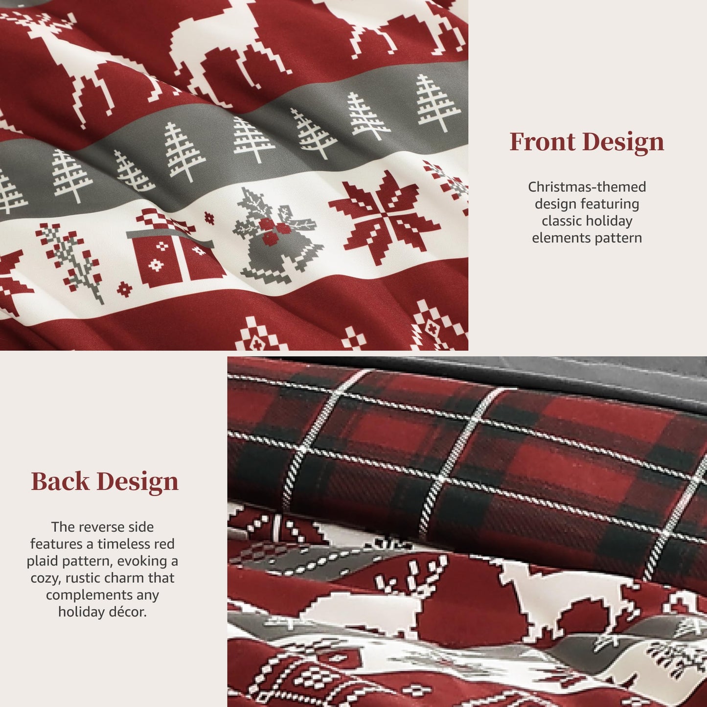 MaiRêve Christmas Queen Comforter Set, Red Reindeer Snowflake Bed Set for Holiday, Reversible Plaid Checkered Comforter Bed in a Bag, Soft Bedding Set 7 Pieces with Sheets, Pillowcases & Shams