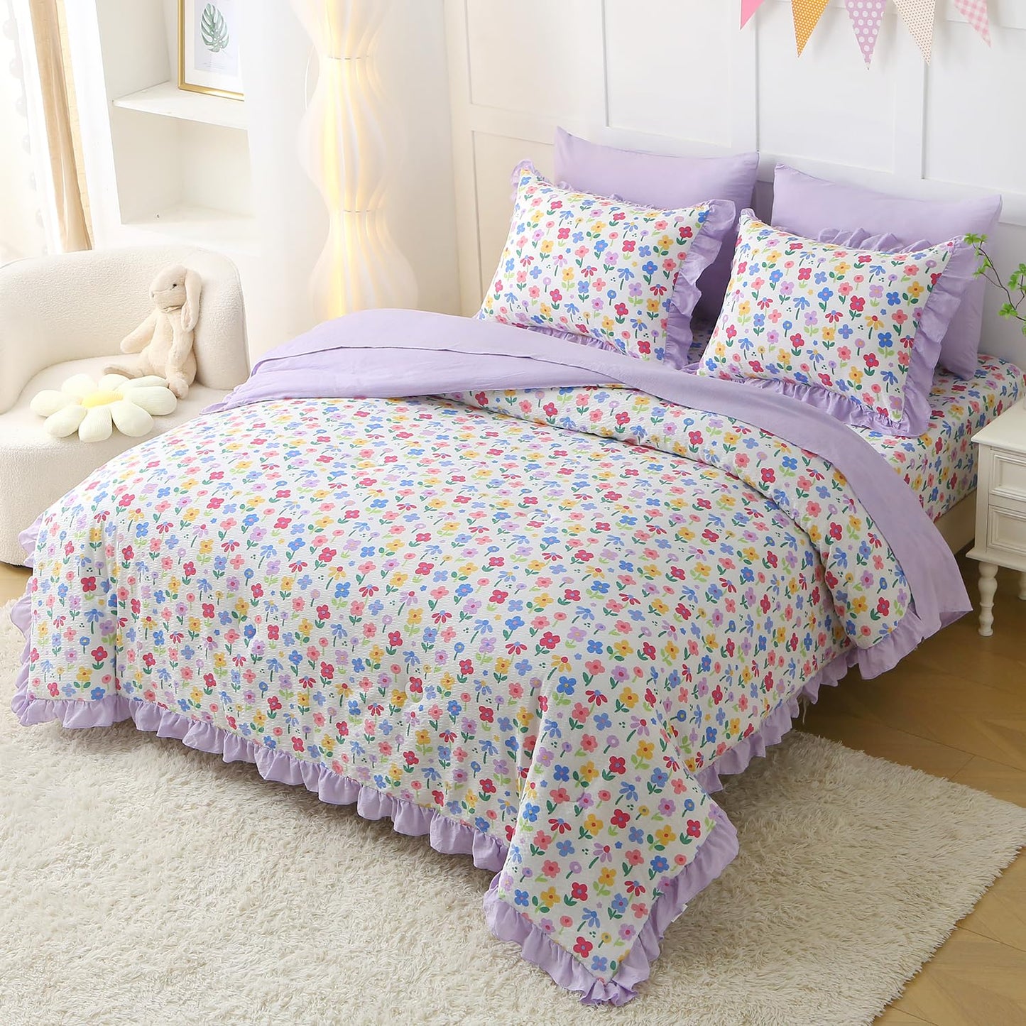 Gusuhome 7 Piece Girls Floral Bedding Set Twin/Full Size Reversible Comforter Bed in a Bag for Kids Soft Purple Floral Bedding with Sheets Bed Skirt Ruffled Floral Pillowcases for Teens Bedroom