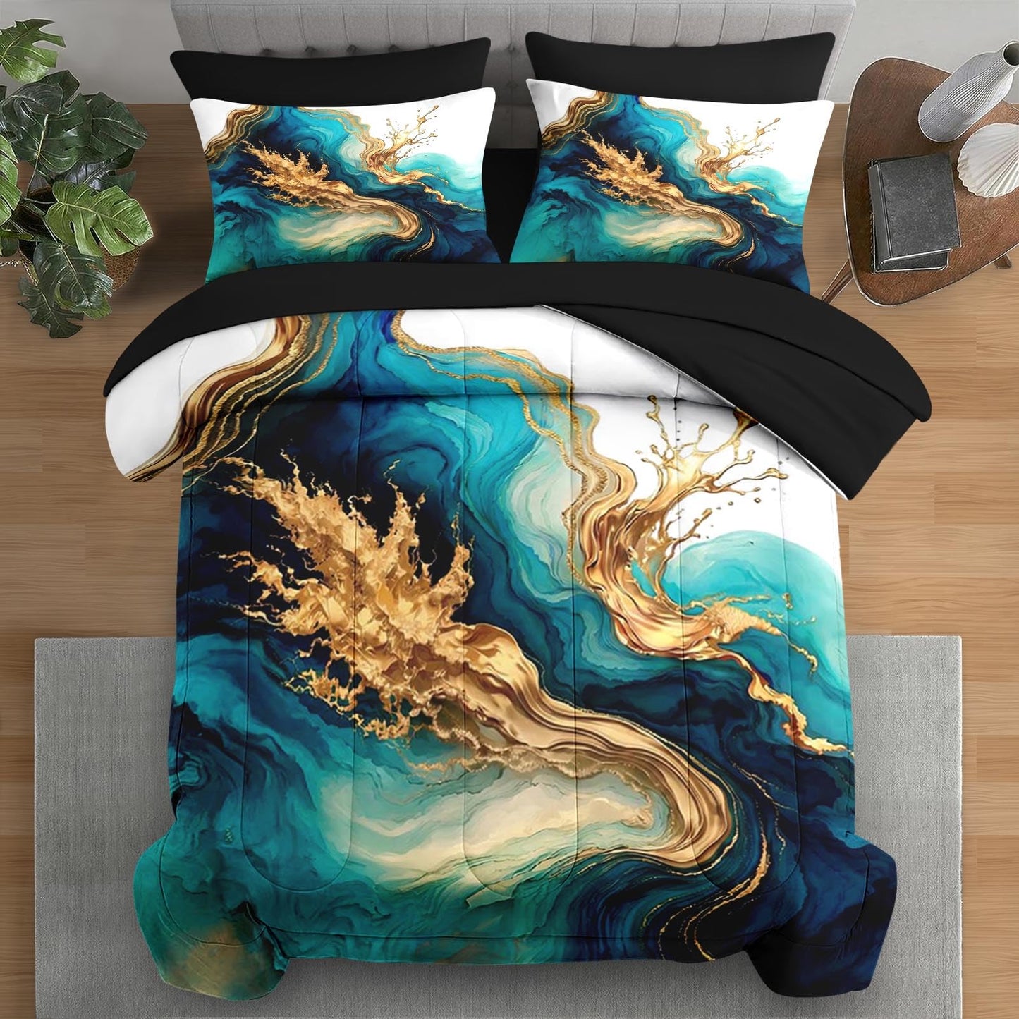 Pamnest Comforter Set Queen Size, Mint Green Marble Gold 7 Pcs Bedding for Kids and Adults, Teal Turquoise Blue Bed Sheet Sets with Fitted Sheet 2 Pillowcase & 2 Sham for Bedroom Bed Decor