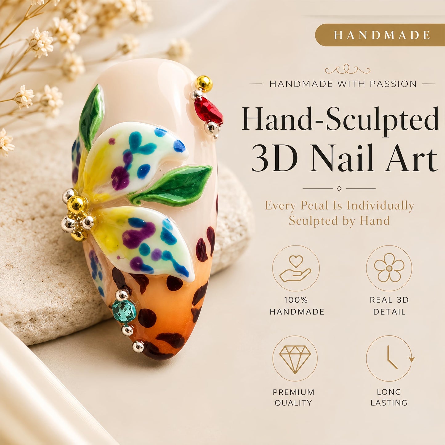 Handmade Acrylic Press On Nails Butterfly Cute Summer | Almond Nails Hand Painted 3D Floral | Reusable Vacation Style | Luxury Gift for Women (Medium Almond & Size M) Headeer