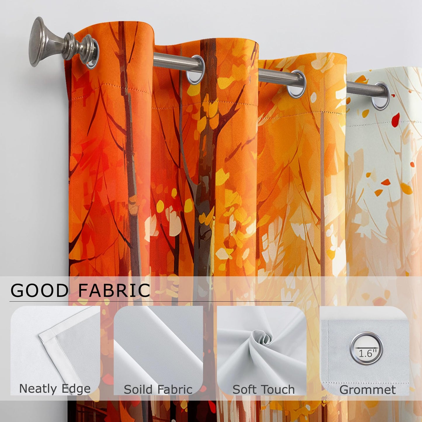Fall Scenery Curtains 63 Inch Length, Autumn Forest Landscape Painting Art Blackout Curtains for Bedroom Living Room, Room Darkening Thermal Insulated Grommet Drapes, Patterned Window Treatments