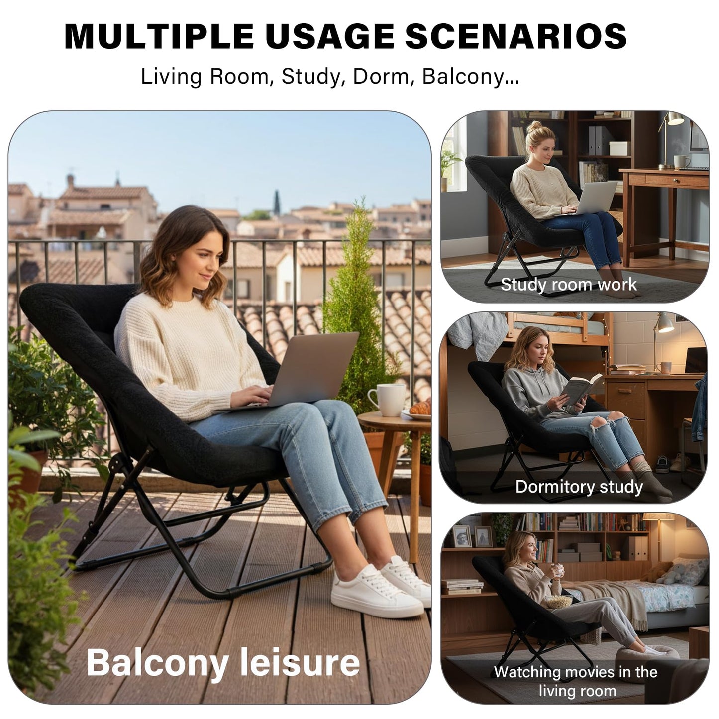 Tiita Comfy Folded Chair, Soft Faux Fur Oversized Folding Accent Chair, Lazy Chair for Teens Adults, Metal Frame Moon Chair for Bedroom, Living Room, Dorm Rooms