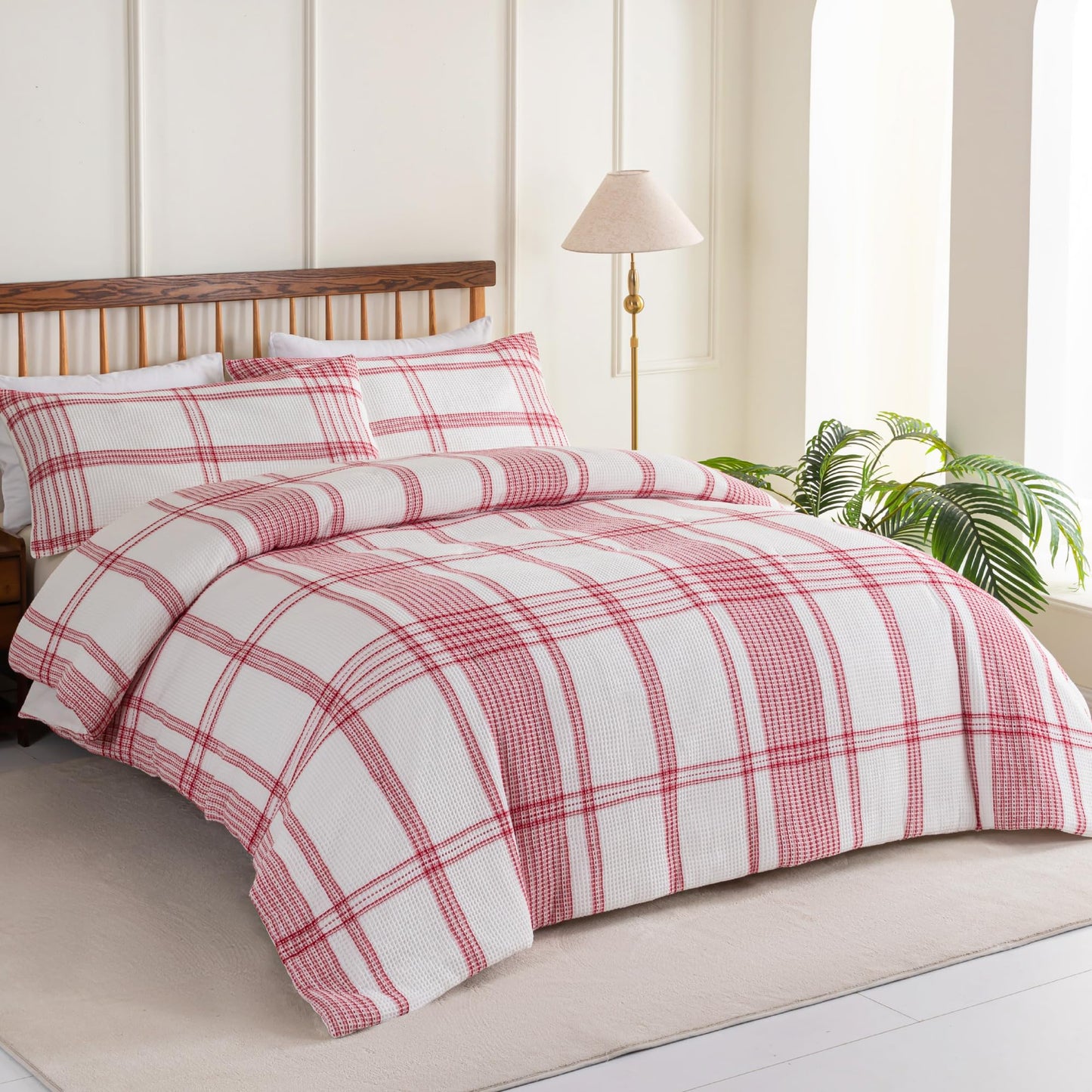 ALPHA HOME 100% Cotton Jacquard Comforter Set Full Size, 3 Pieces with Comforter & Pillow Shams, Cozy Waffle Weave Bedding Sets for All Season, Crimson Red