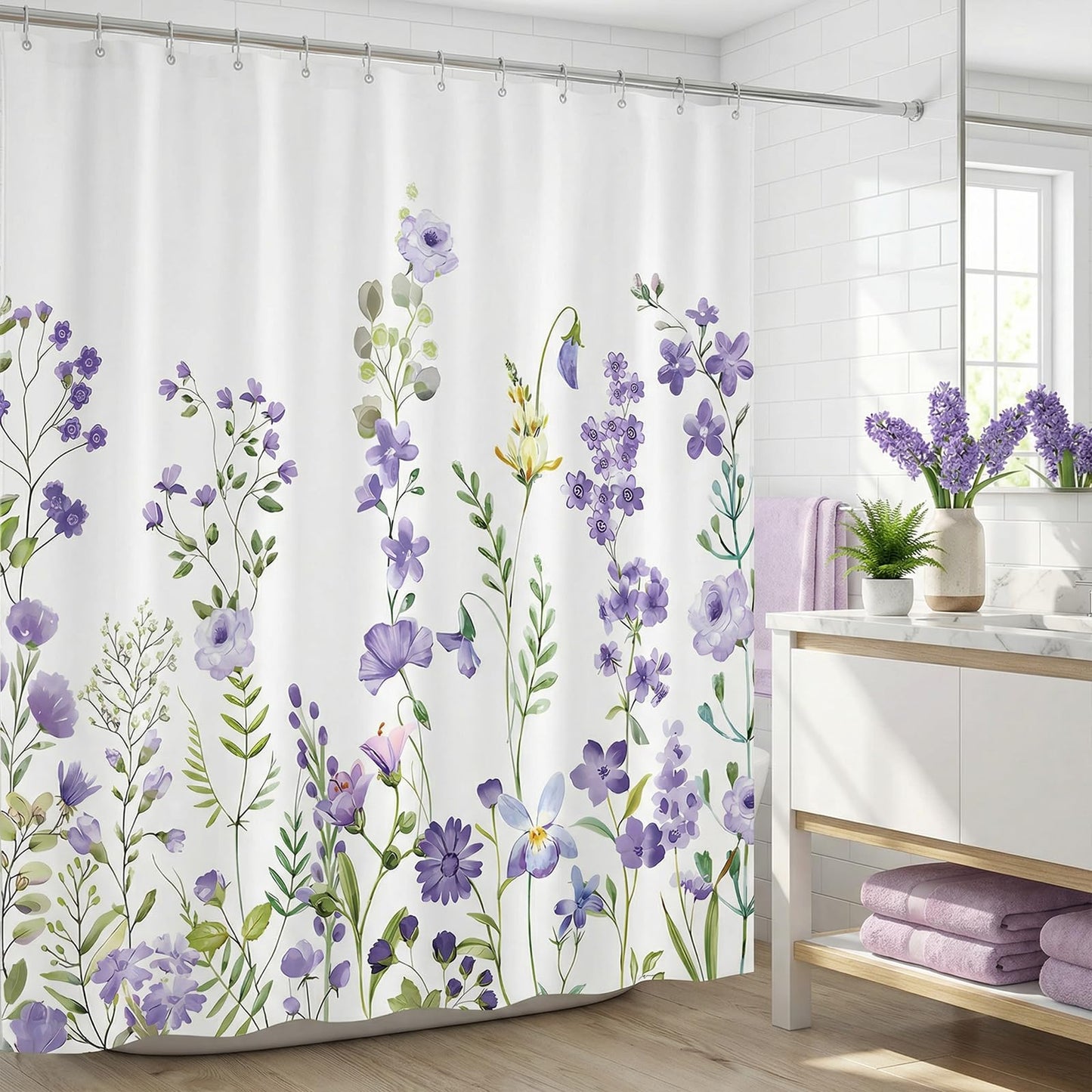 ZCHOMI Purple Spring Floral Shower Curtain Lilac Lavender Wisteria Flower Plant Shower Curtains for Bathroom Waterproof Polyester Fabric Bathroom Curtain 72 x 72 Inch with 12 Plastic Hooks