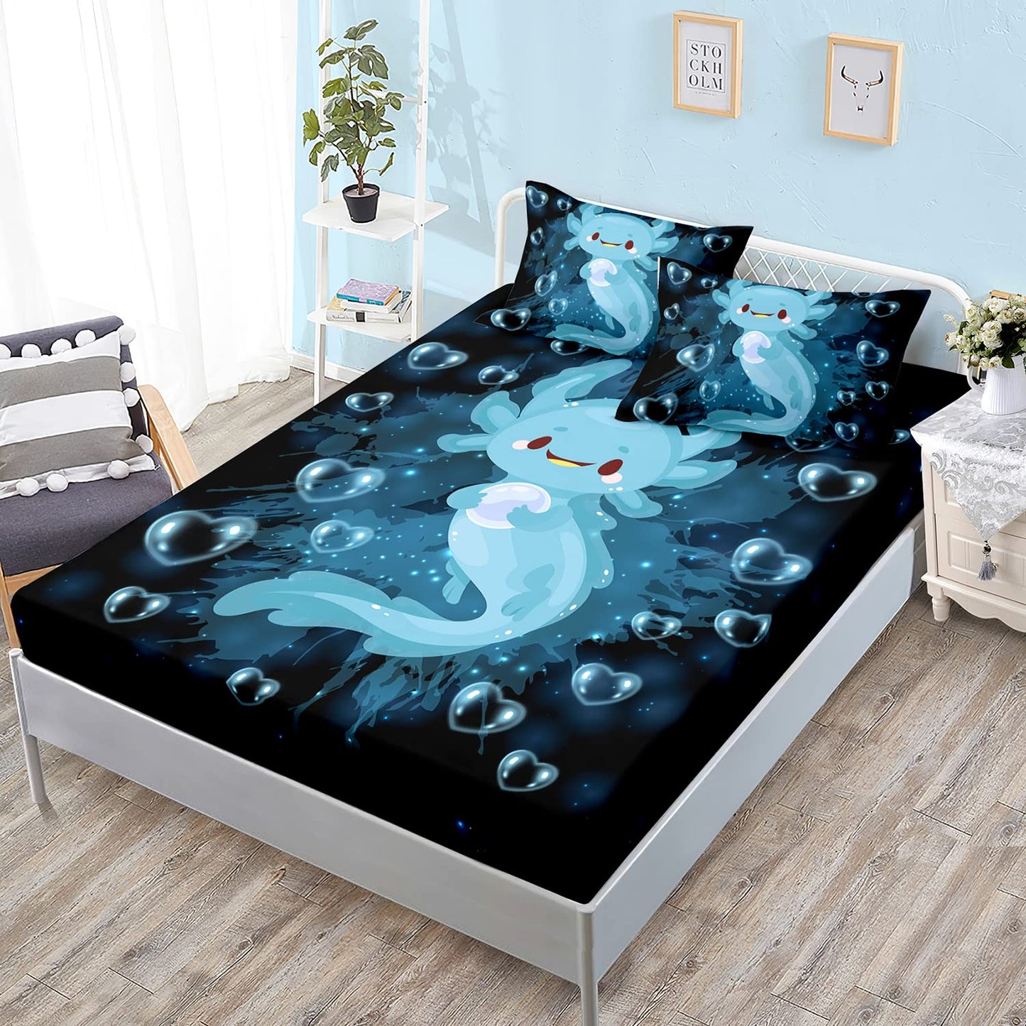 HOSIMA Axolotl Bedding Set Blue Axolotl Pattern Kawaii Fitted Sheet Set Twin Size for Kids Bedroom Decor,1 Fitted Sheet+2 Pillowcases.